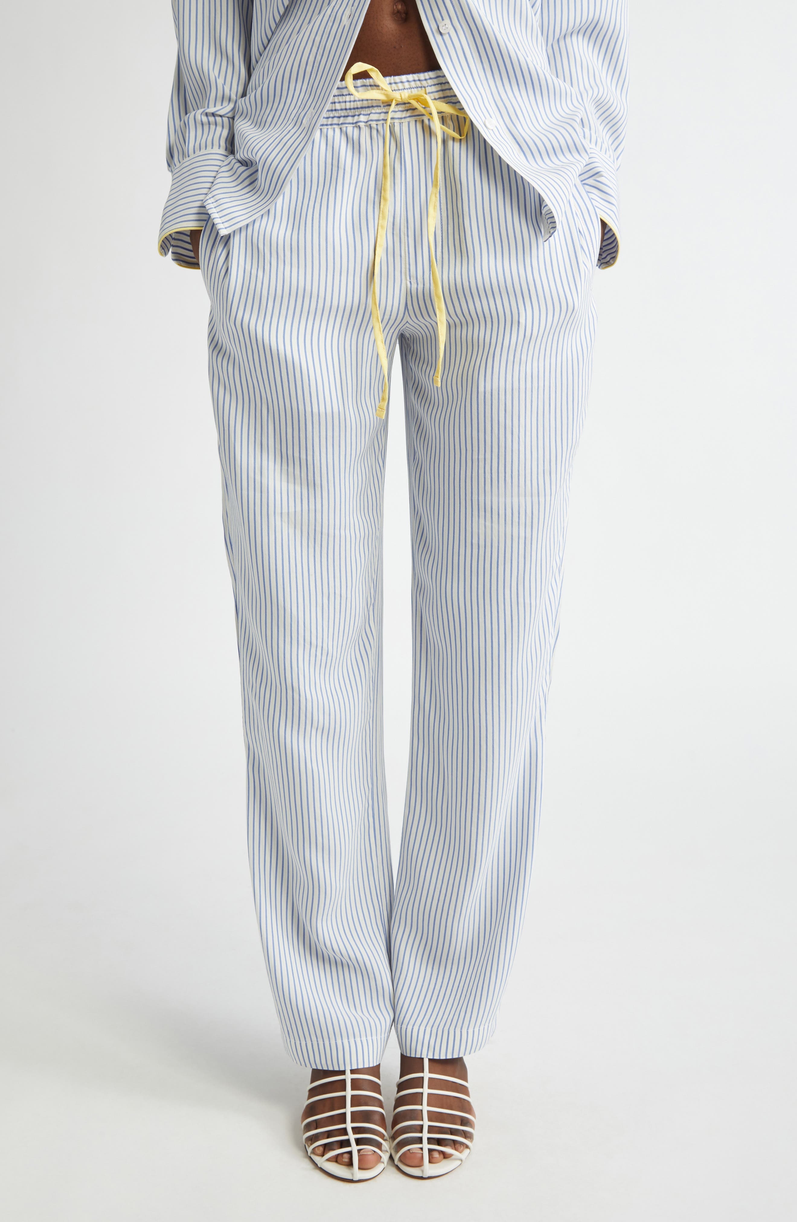 Victoria Beckham Pleat Detail Stripe Pajama Trousers in White /Regatta /Ice Lemon at Nordstrom - 1