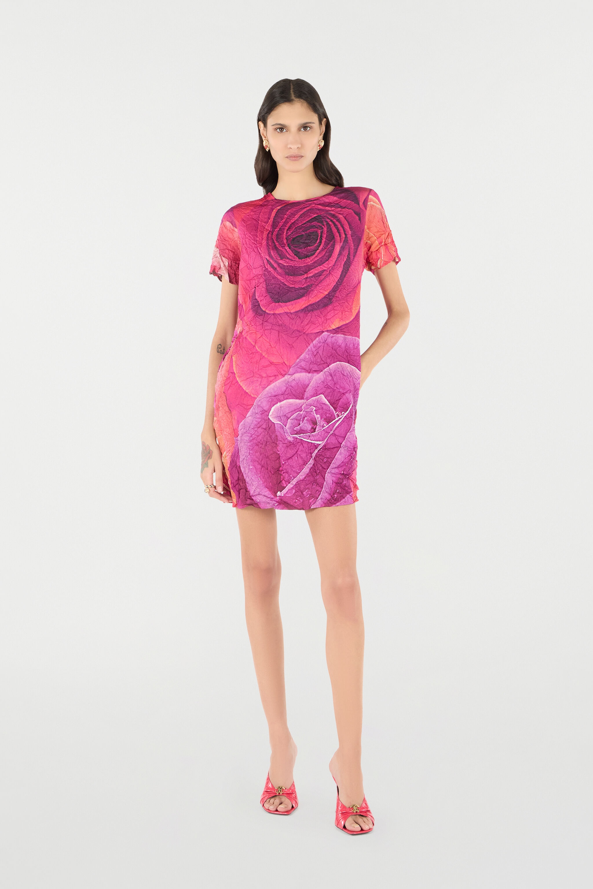 Crinkle-Effect Dress With Rose Print - 2
