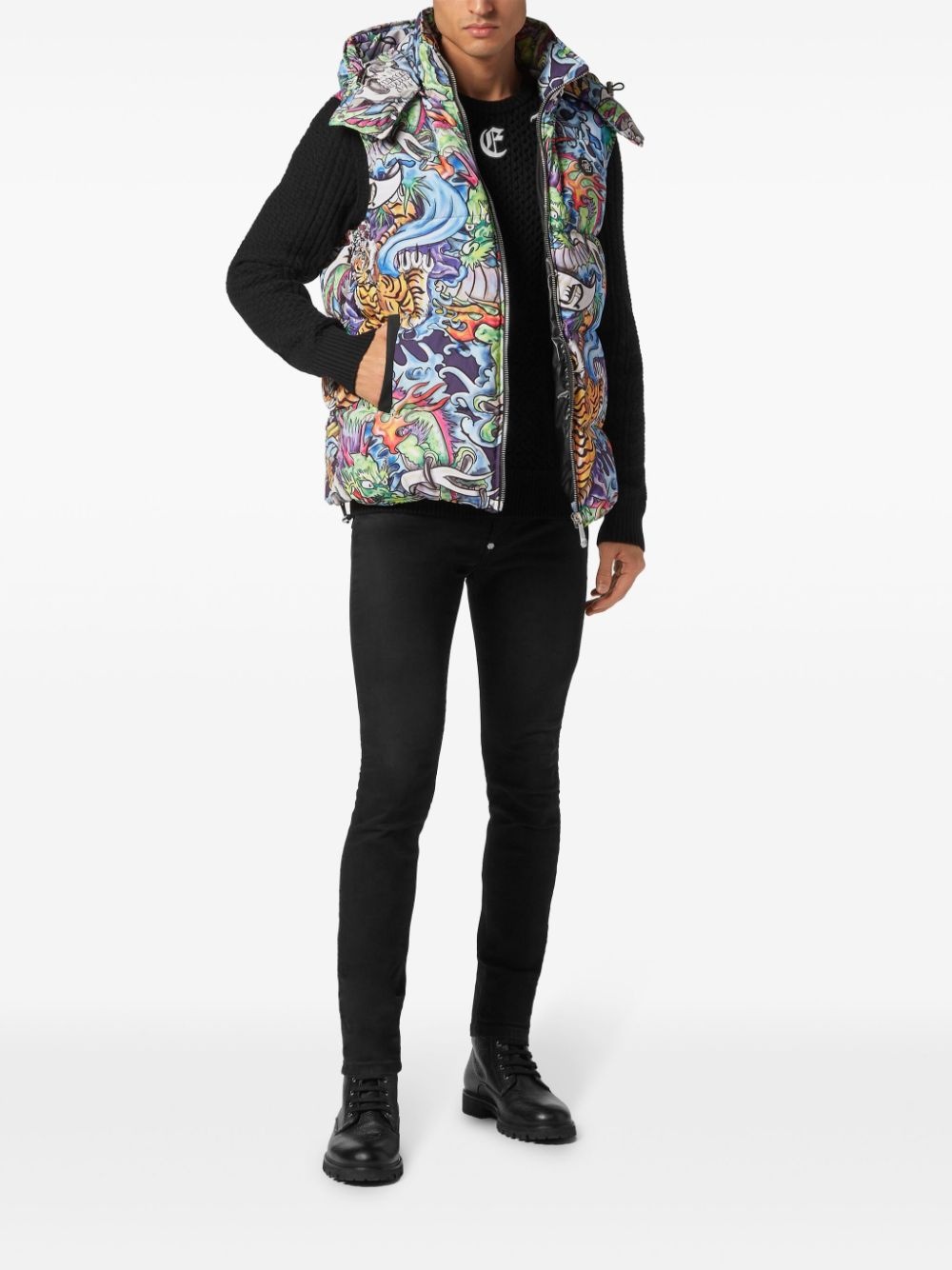 tattoo-print hooded puffer gilet - 2