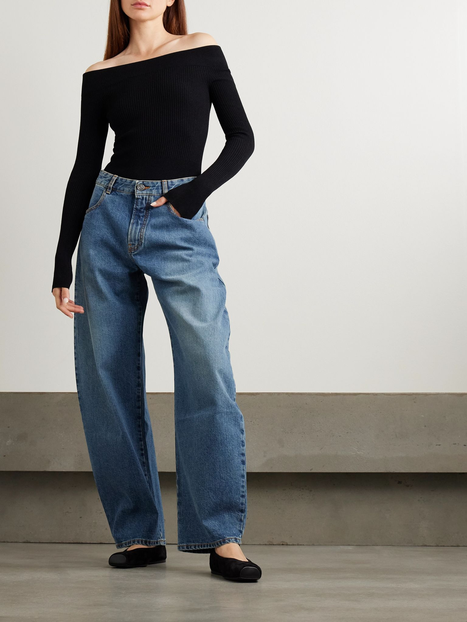Off-the-shoulder ribbed-knit bodysuit Black - 2