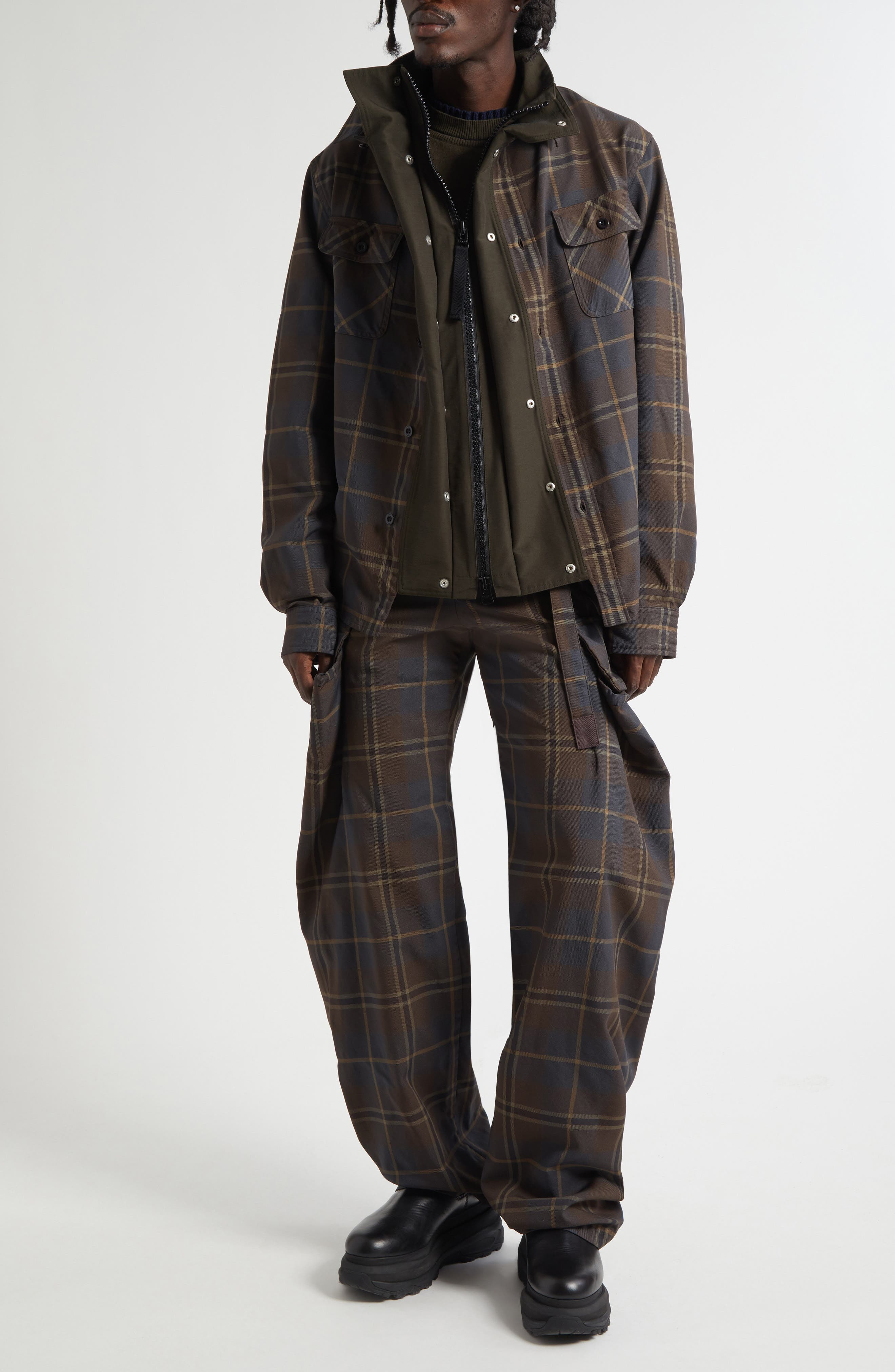 Sacai Plaid Shirt Jacket in Brown/Blue at Nordstrom - 2