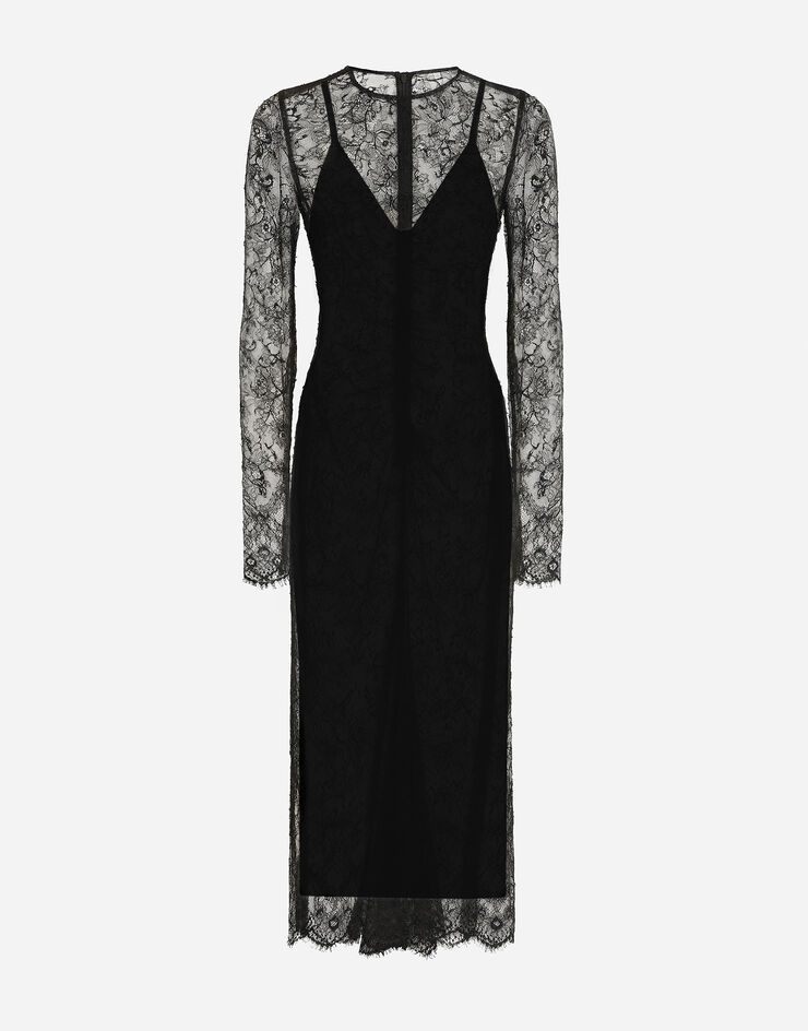 Chantilly lace fil coupé calf-length dress - 1