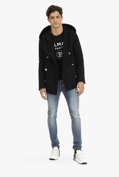 Balmain Black wool hooded pea coat with double-breasted silver-tone buttoned fastening outlook