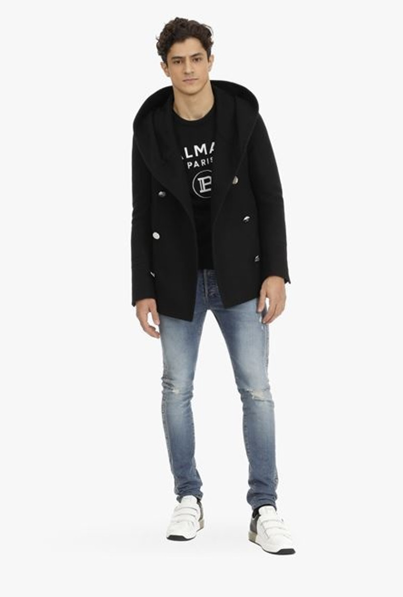 Balmain Black wool hooded pea coat with double-breasted silver-tone buttoned fastening outlook