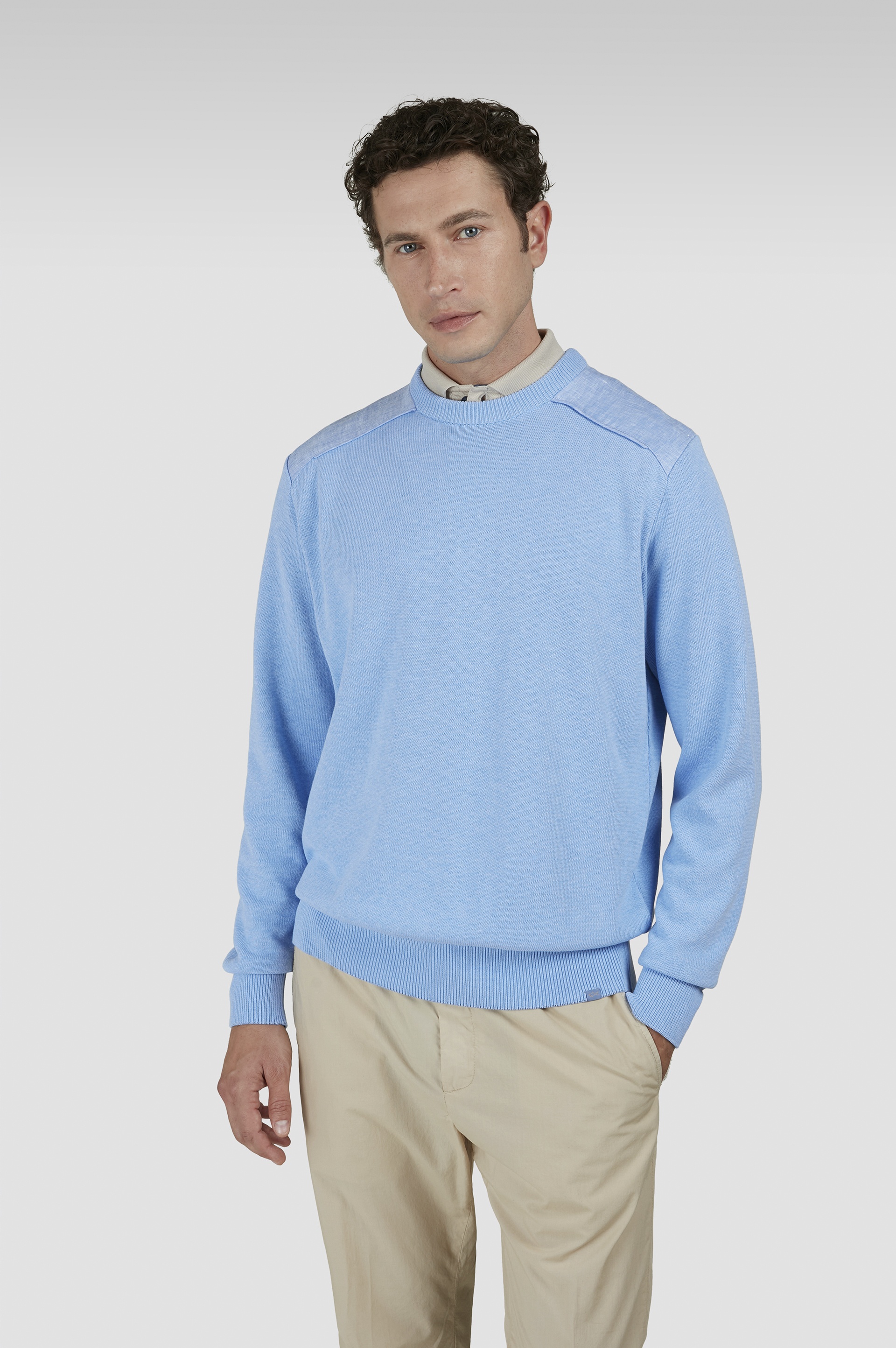 CREW NECK SWEATER IN FRESCO COTTON WITH LINEN DETAILS - 7
