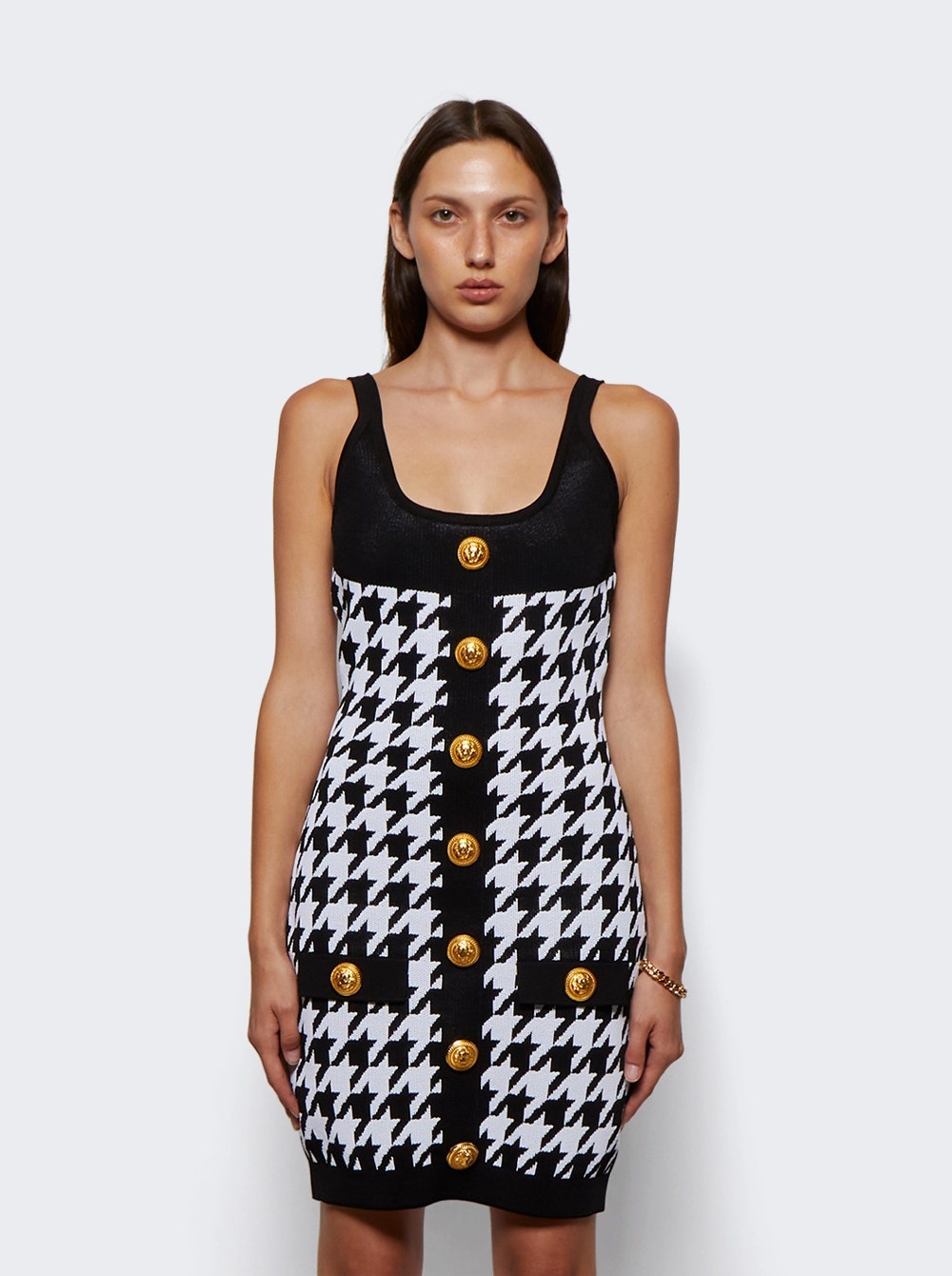 Buttoned Houndstooth Short Knit Dress - 3