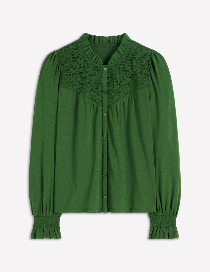 Smocked Yoke Jersey Shirt-Woodland Green 1