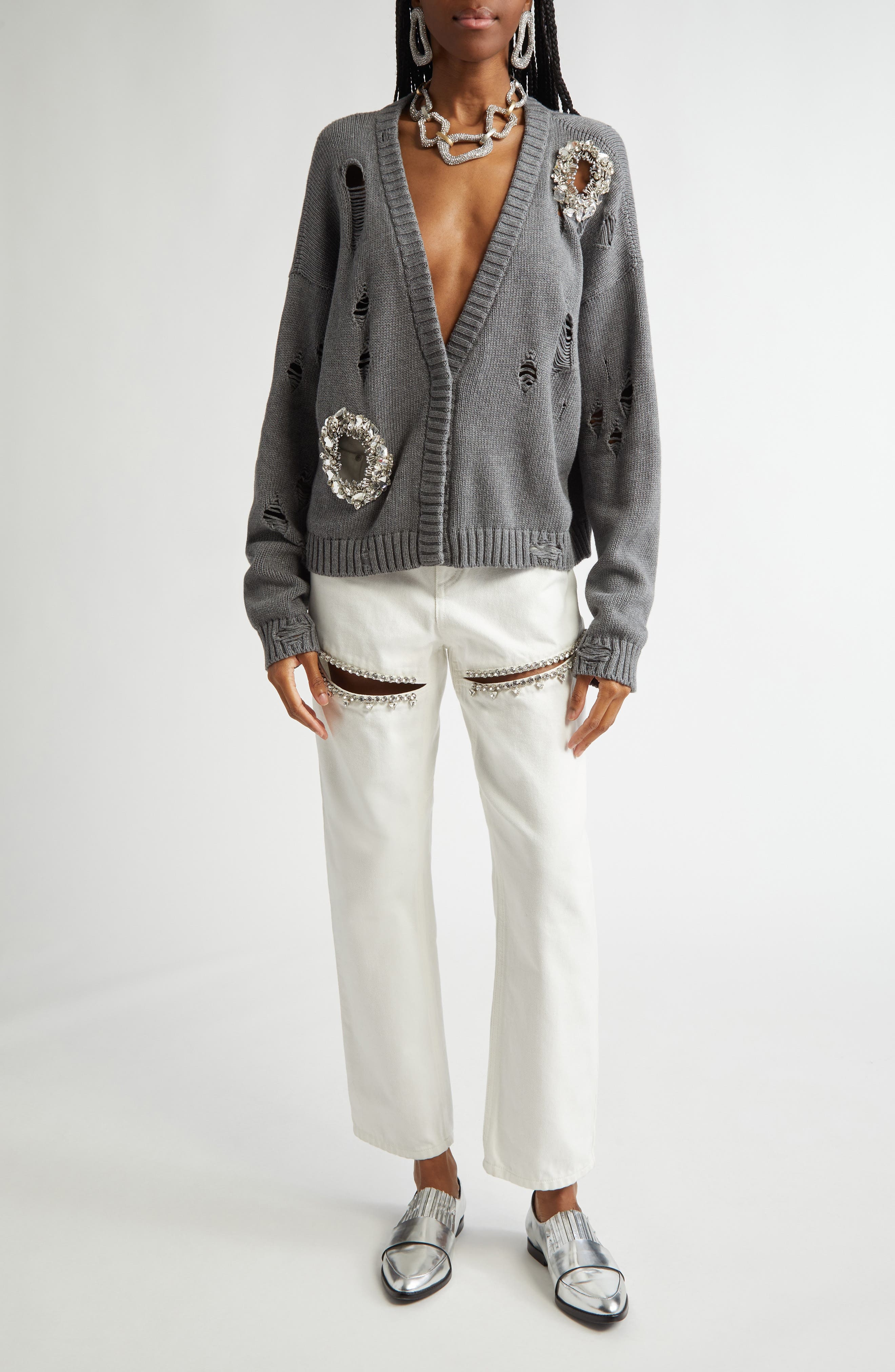 Area Crystal Slit Straight Leg Jeans in White at Nordstrom - 2
