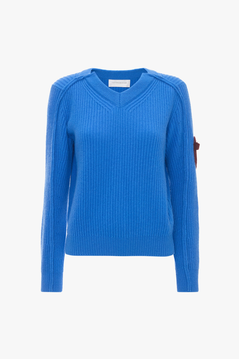 V Neck Knitted Jumper In Regatta Blue 1