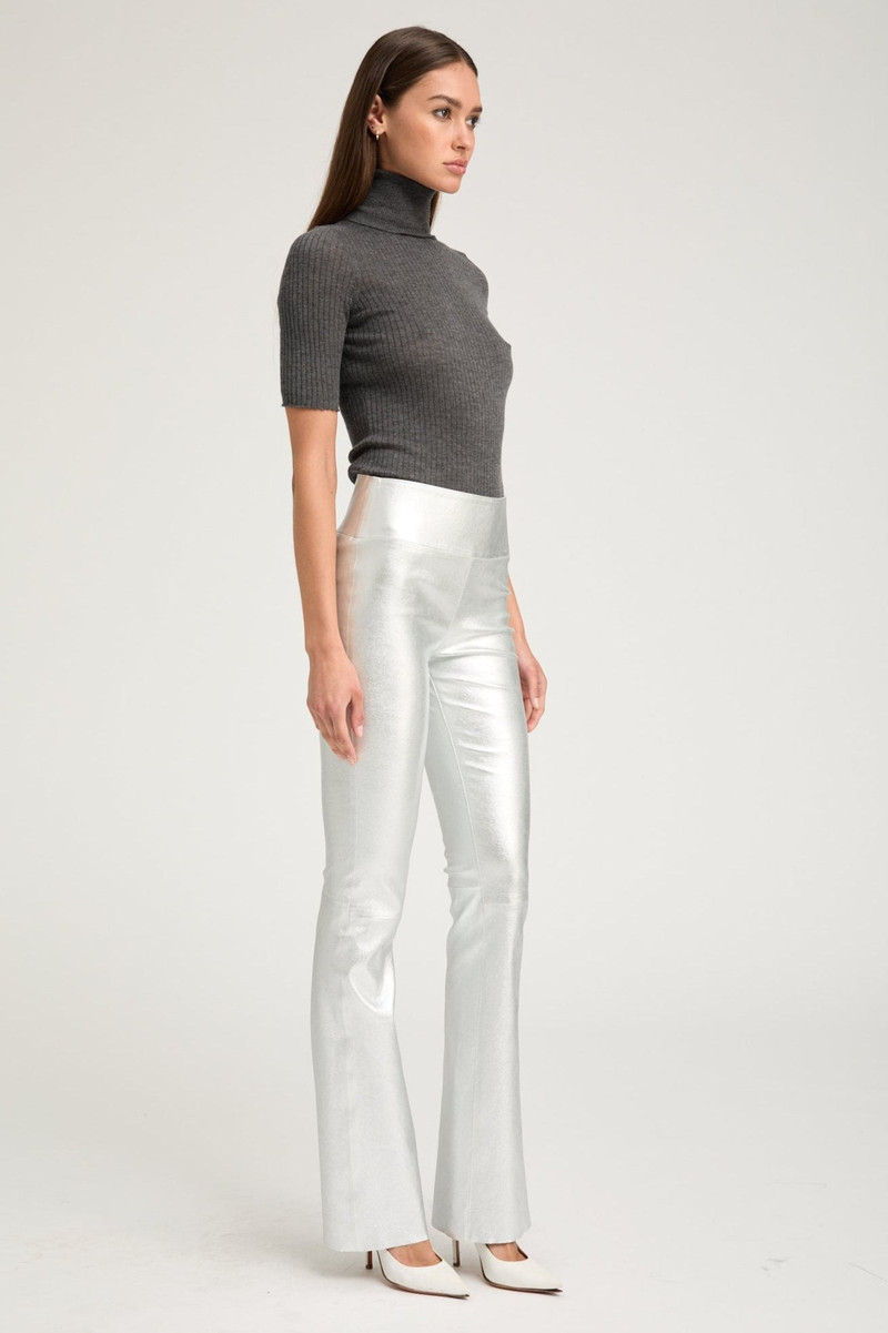 SPRWMN METALLIC SILVER LEATHER MICRO FLARE outlook