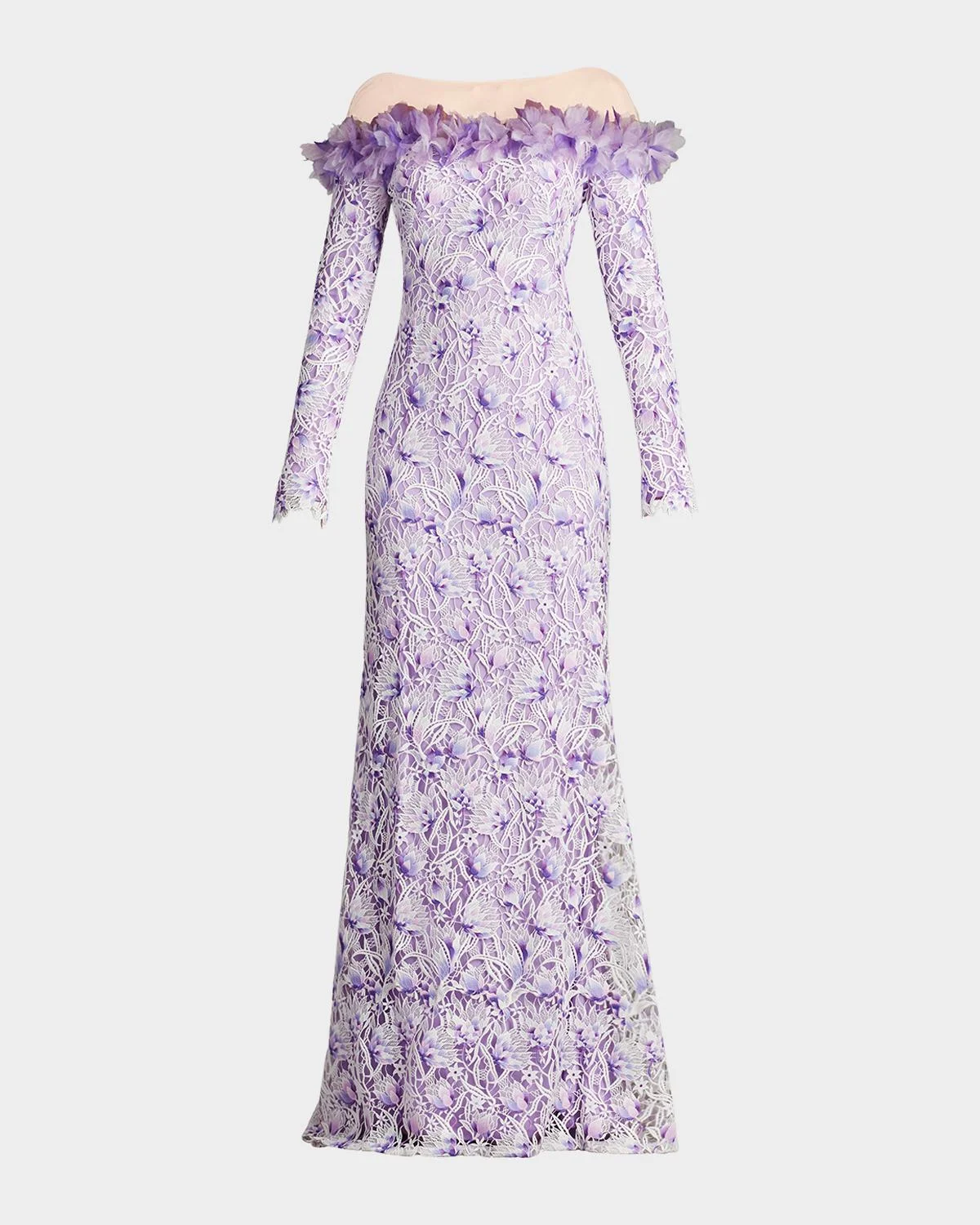 Off-Shoulder Illusion Floral Lace Gown - 1