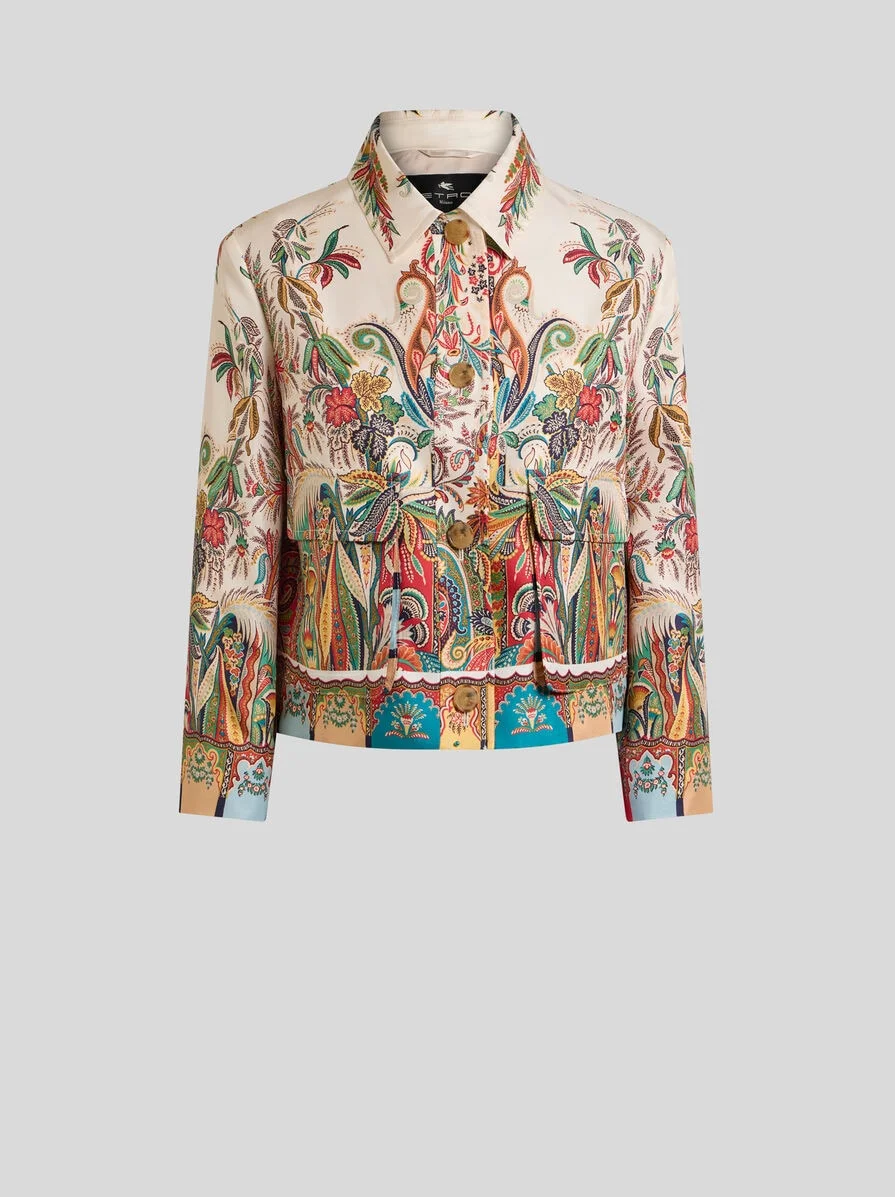 CROPPED SILK JACKET WITH PLACED PAISLEY FOLIAGE PRINT - 1