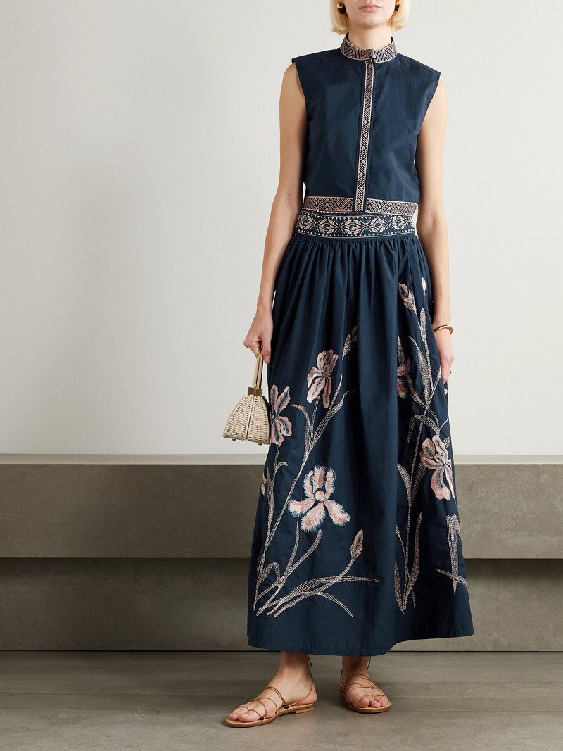 EMPORIO SIRENUSE Ombretta Iris Pleated Embroidered Cotton-blend Poplin Midi Skirt outlook