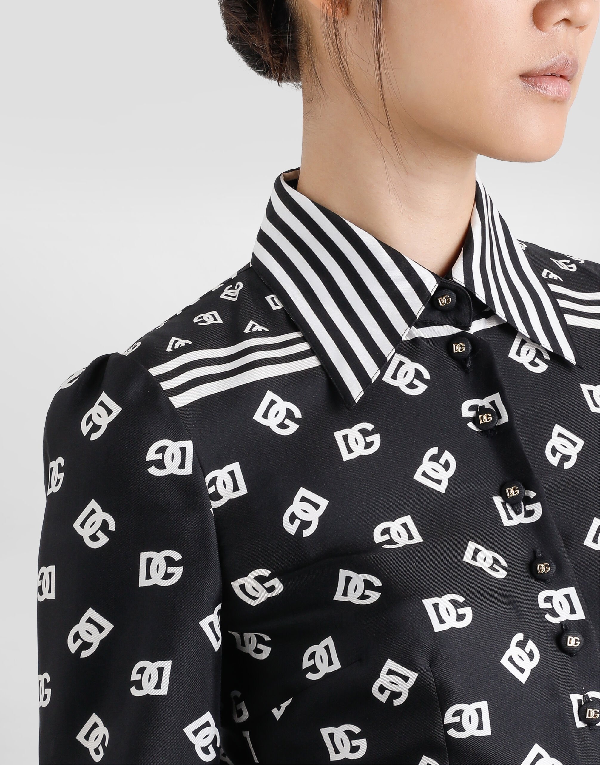 Twill calf-length shirt dress with all-over DG logo scarf print - 5