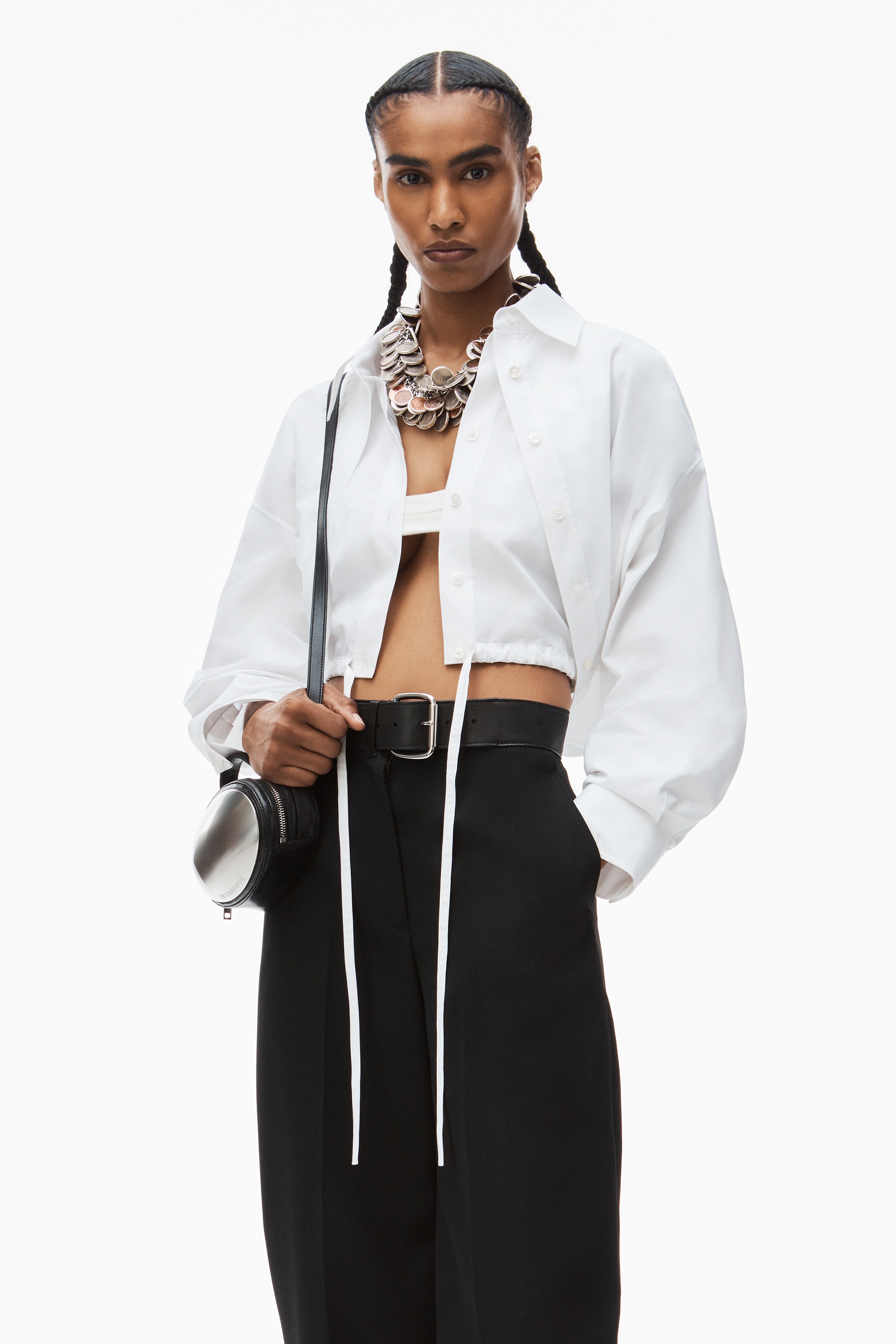 double layered cropped shirt in compact cotton with tie waistband