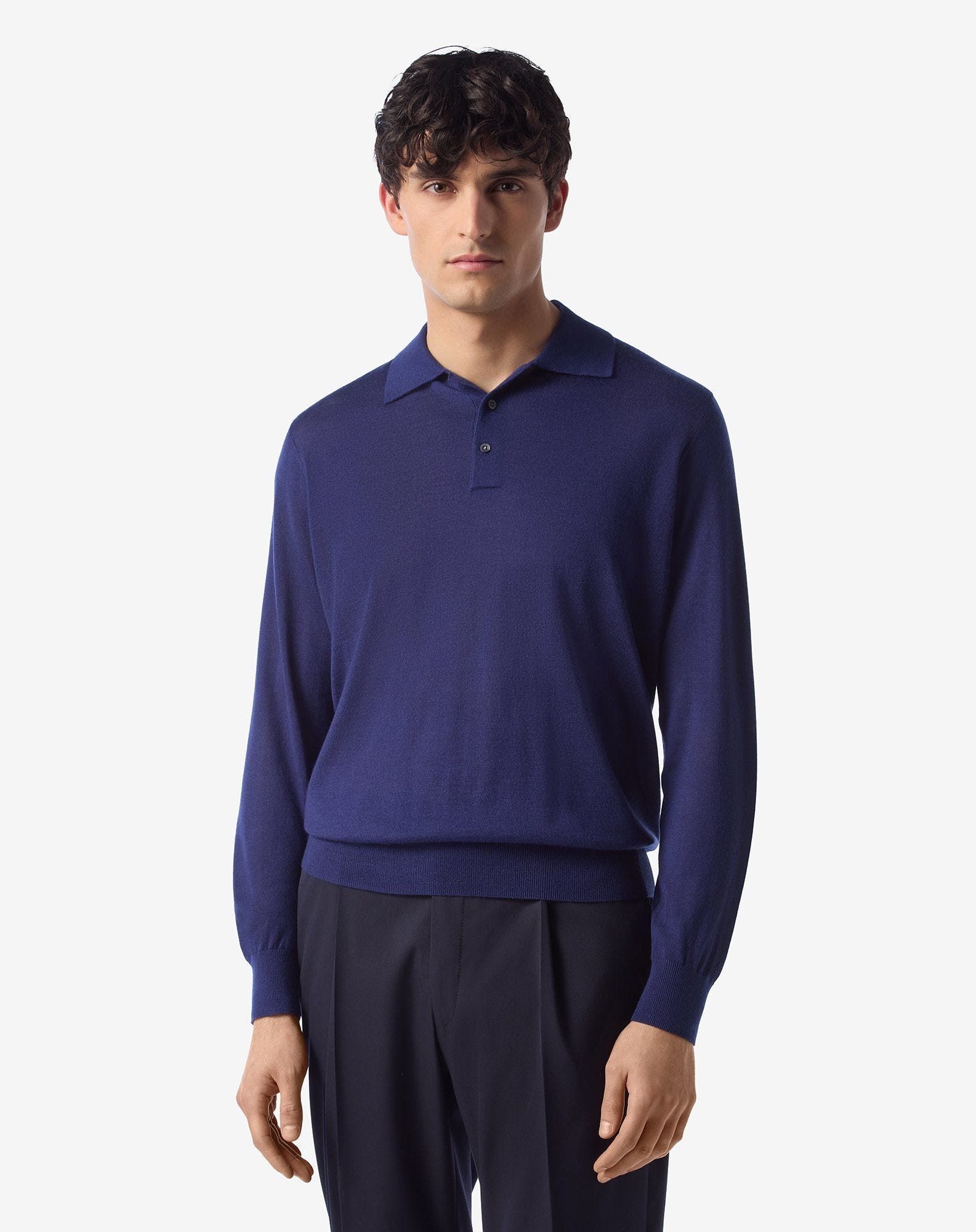 Light blue long sleeve cashmere and silk polo shirt - 2