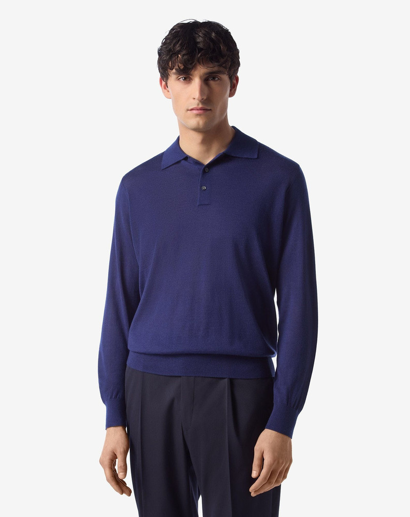 CORNELIANI Light blue long sleeve cashmere and silk polo shirt outlook