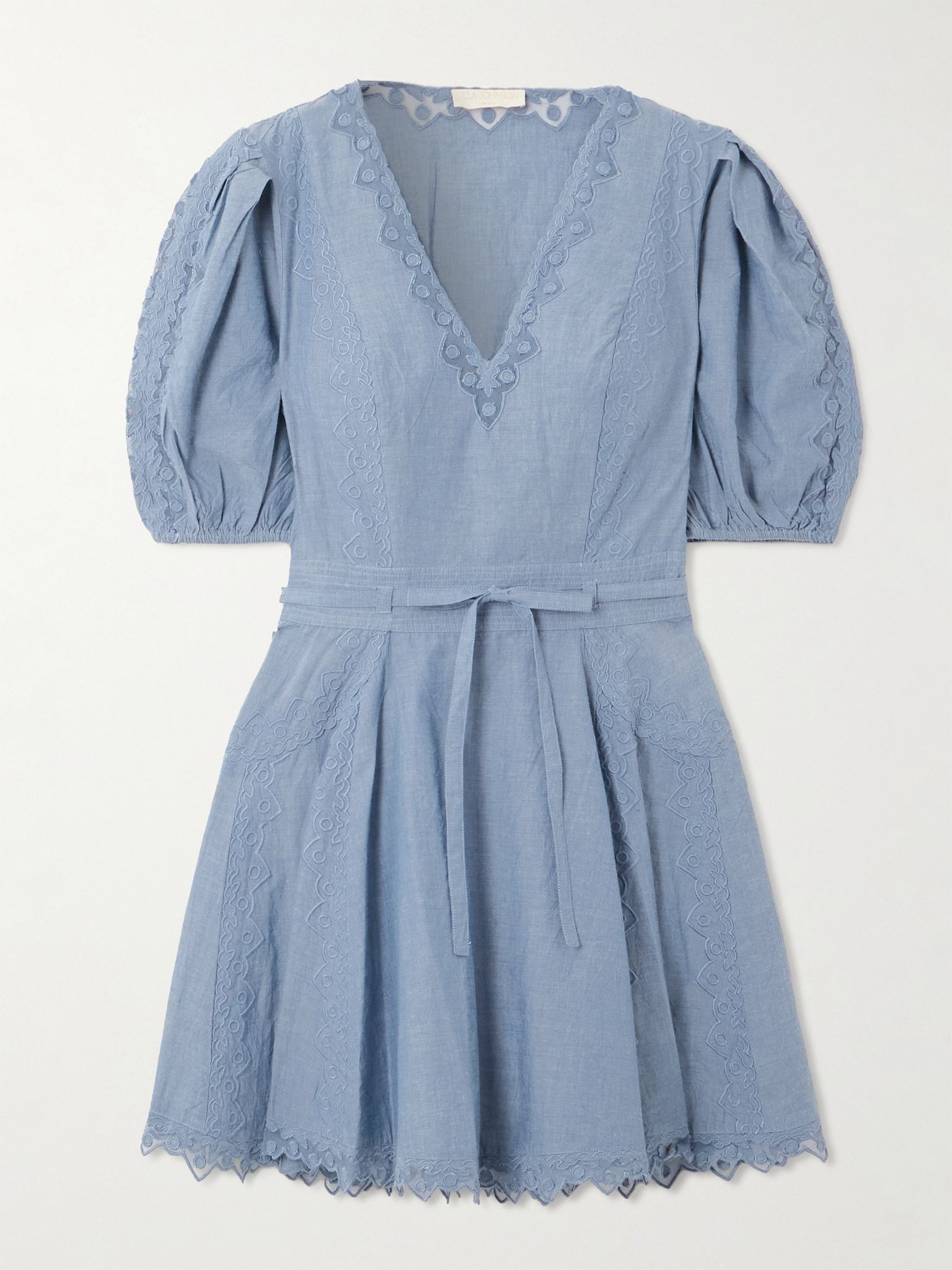 Camilla belted embroidered tulle-trimmed cotton-chambray mini dress Blue - 1