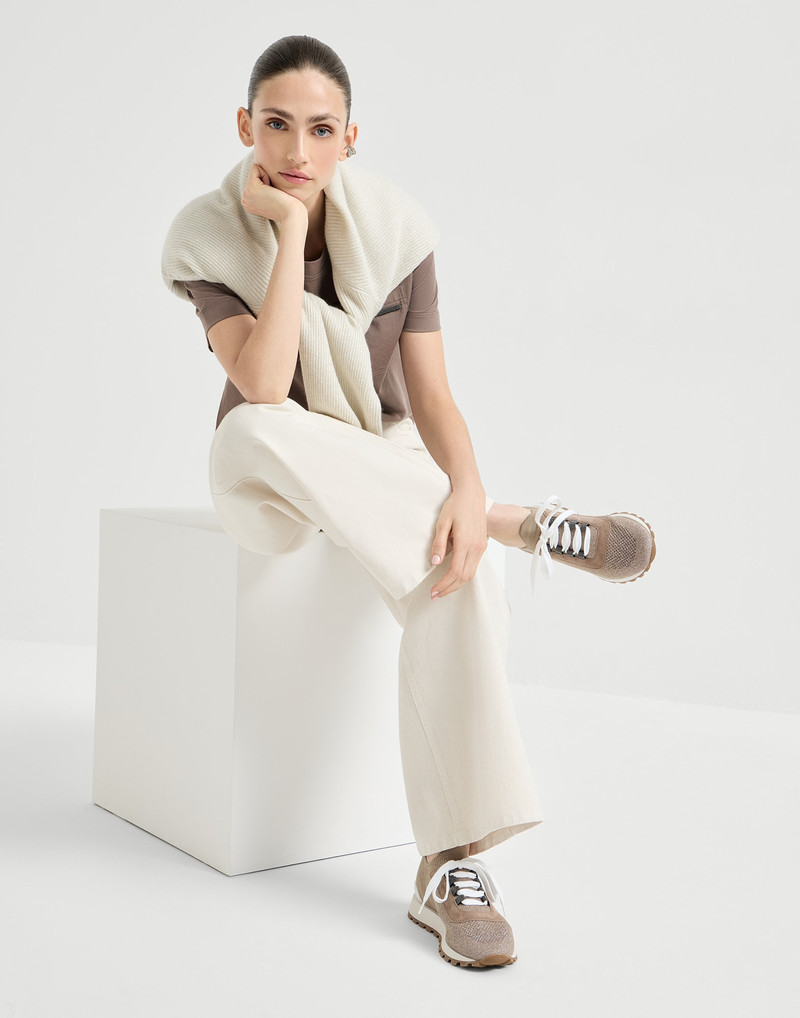 Brunello Cucinelli Suede and sparkling cotton knit runners with shiny eyelets outlook