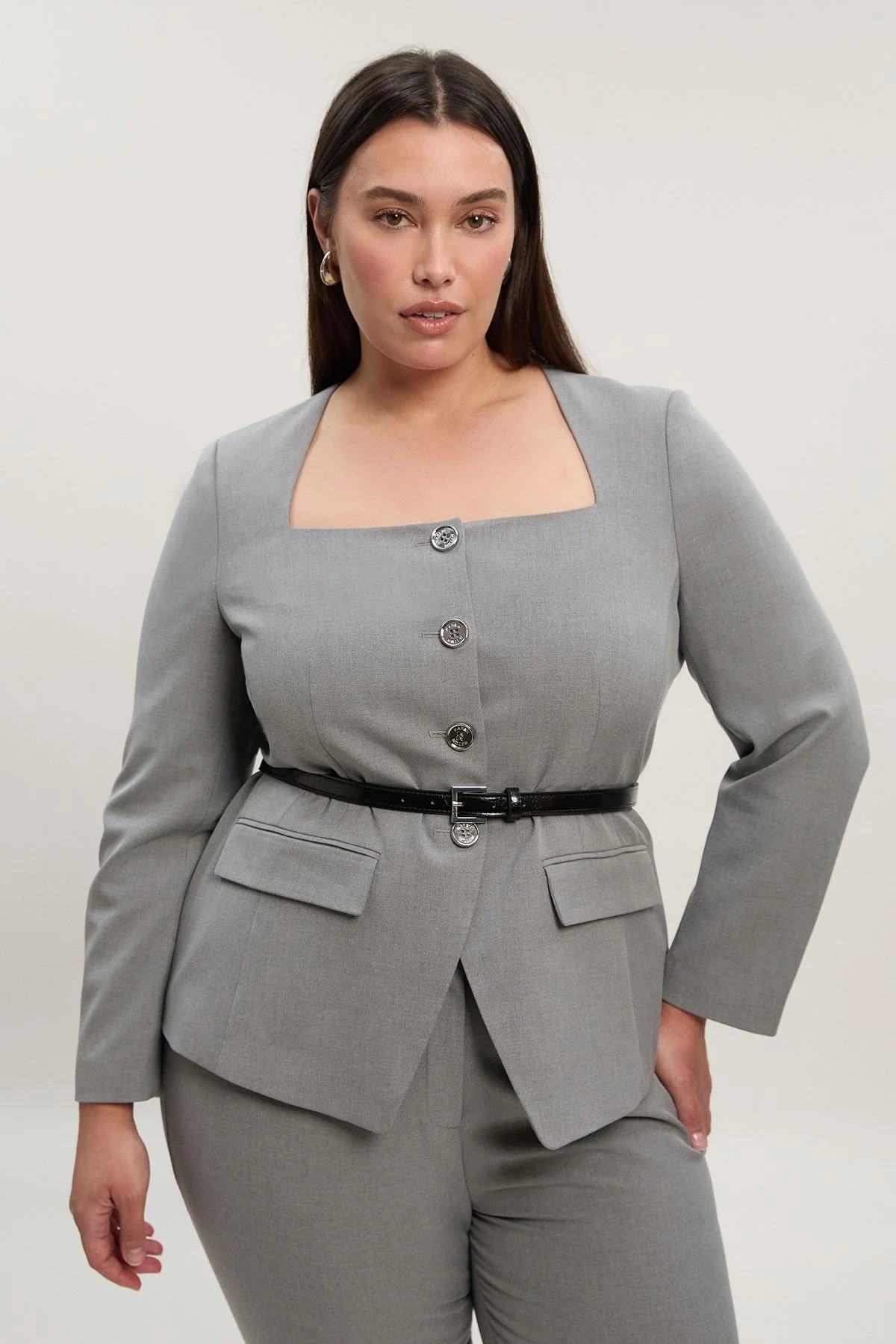 Plus Size Tailored Marl Belted Square Neck Blazer - 1