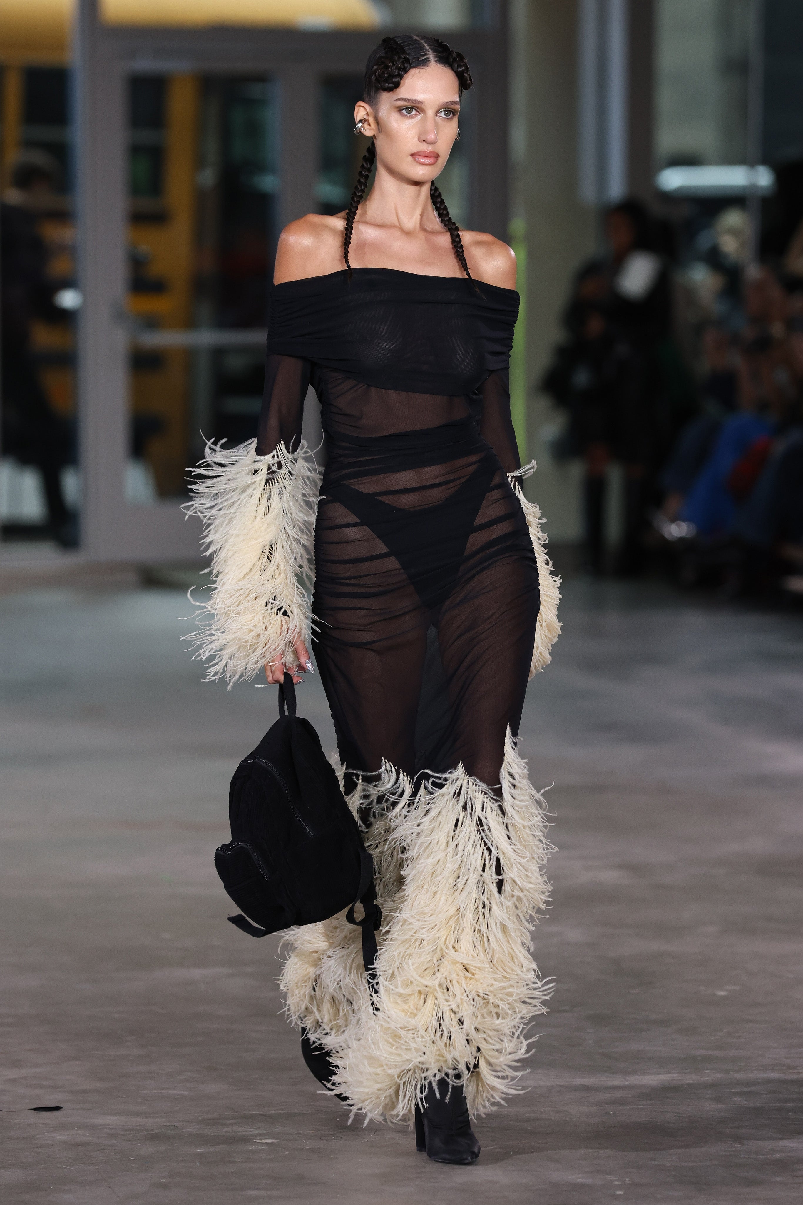 Mesh Off The Shoulder Gown With Feathers - 2