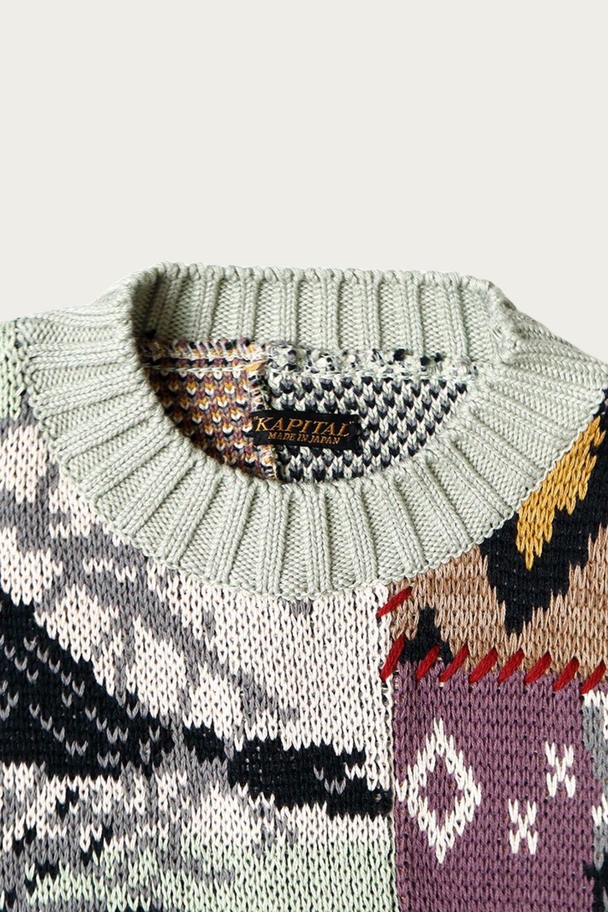 5G Cotton Knit Patchwork BIG Crew Sweater(Cat&Raven) - Mint - 3
