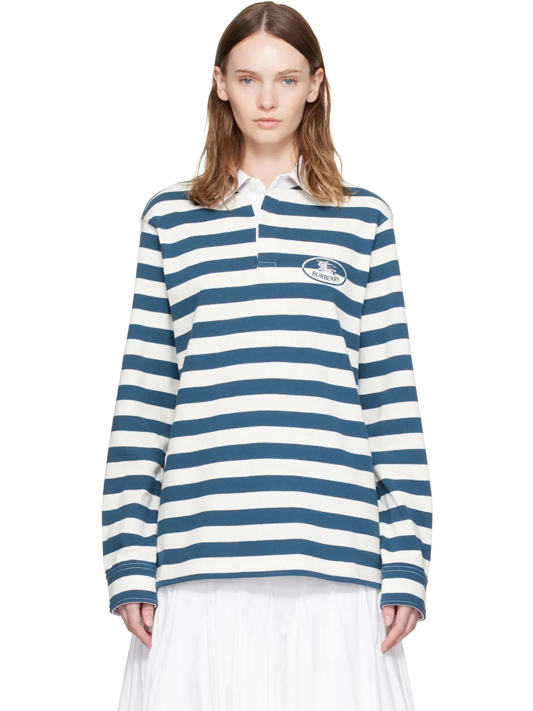 White & Blue Knight Stamp Cotton Rugby Polo - 1