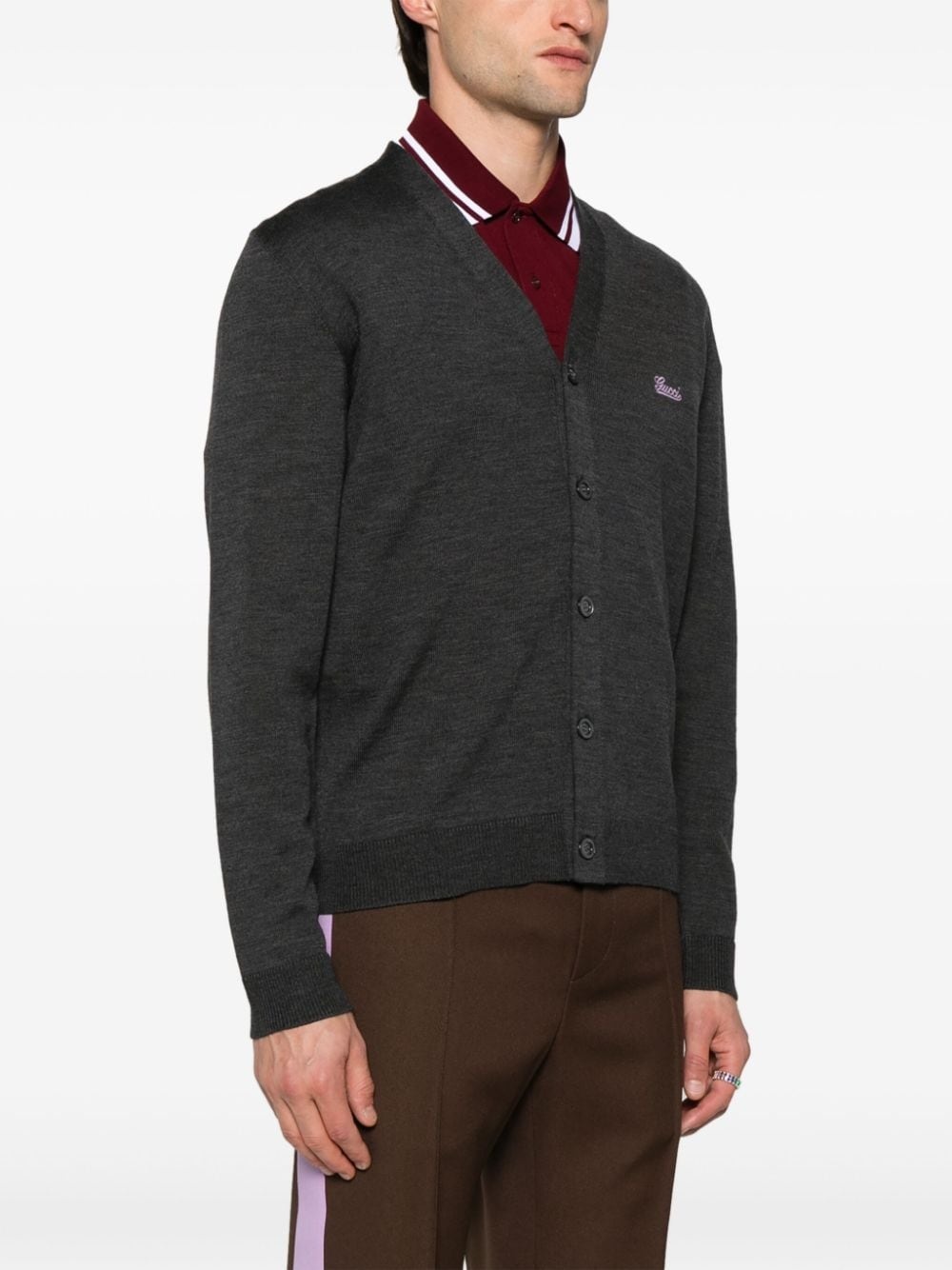 logo-embroidered wool cardigan - 3