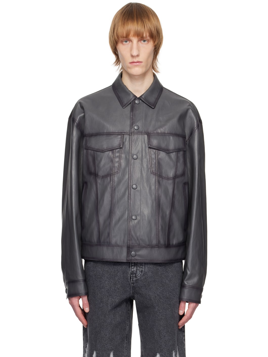 Gray Spread Collar Faux-Leather Jacket - 1