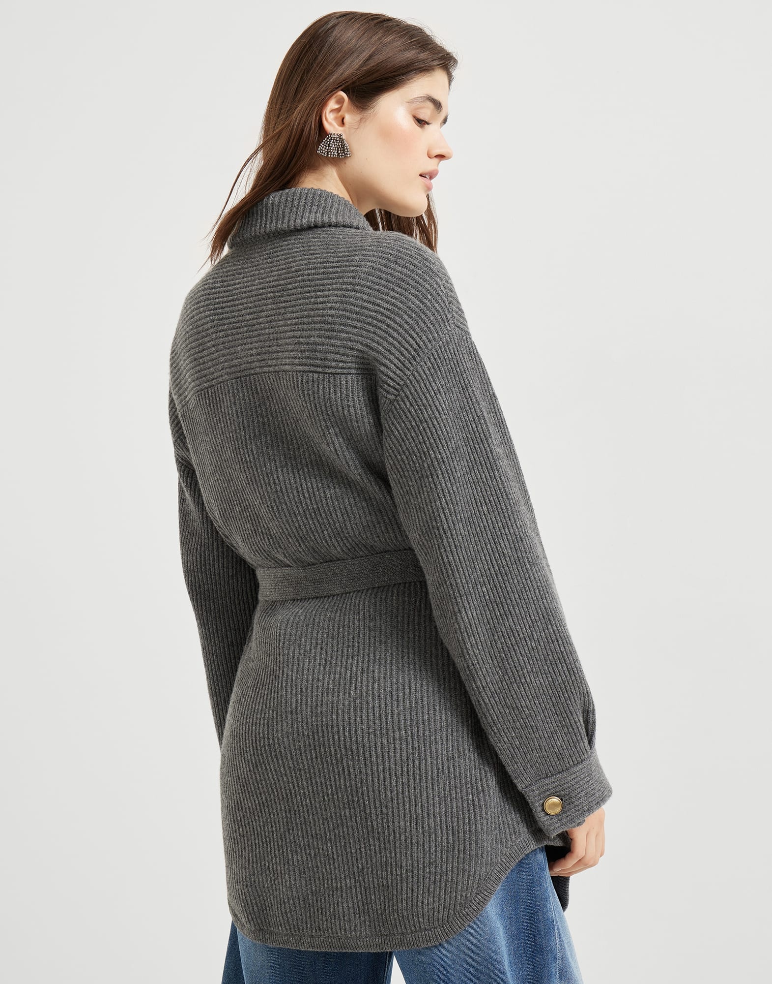 Virgin wool, cashmere and silk English rib belted cardigan with metal buttons - 2