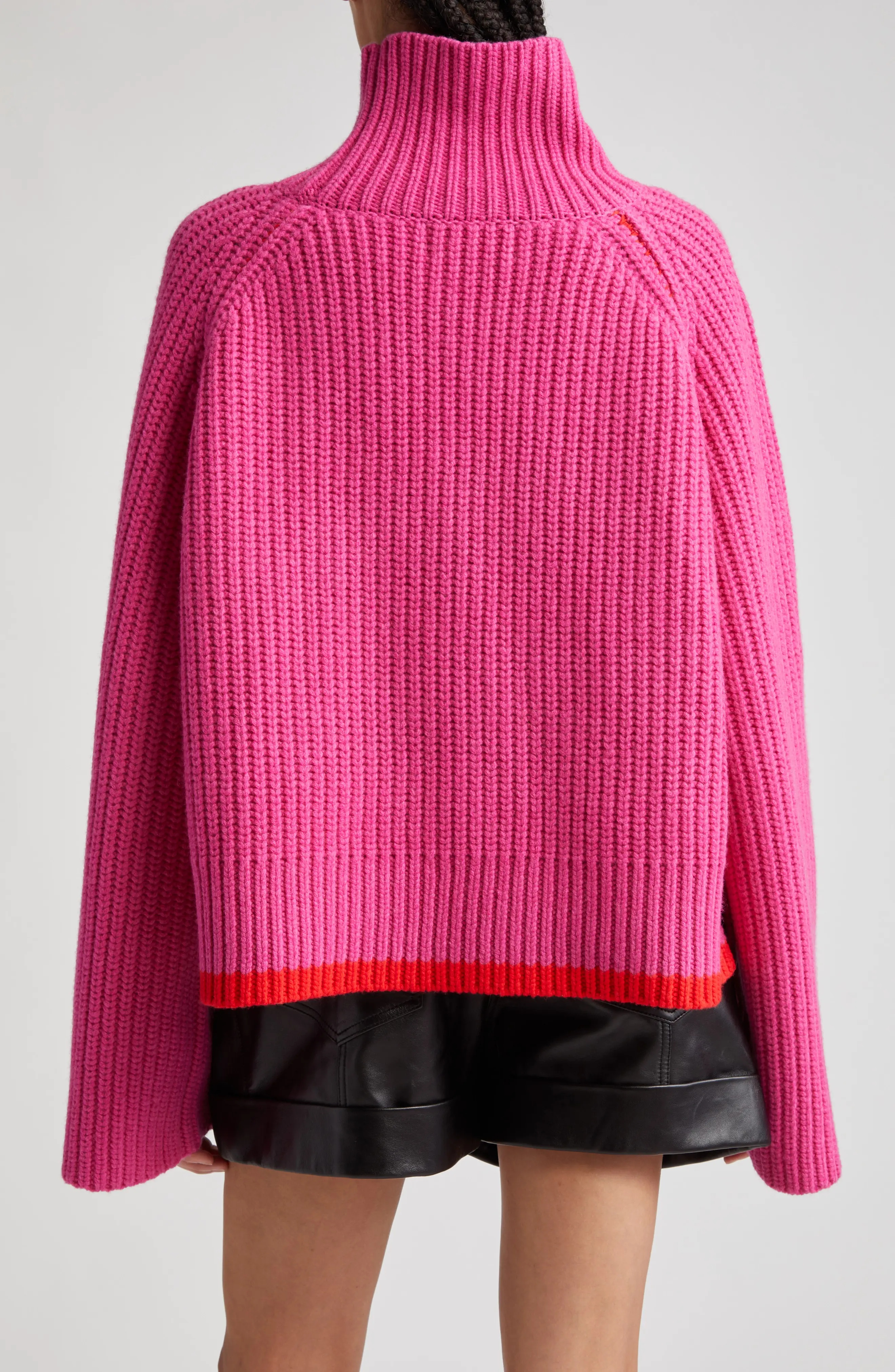 Funnel Neck Crop Wool Rib Sweater in Fuchsia/Bright Poppy - 2