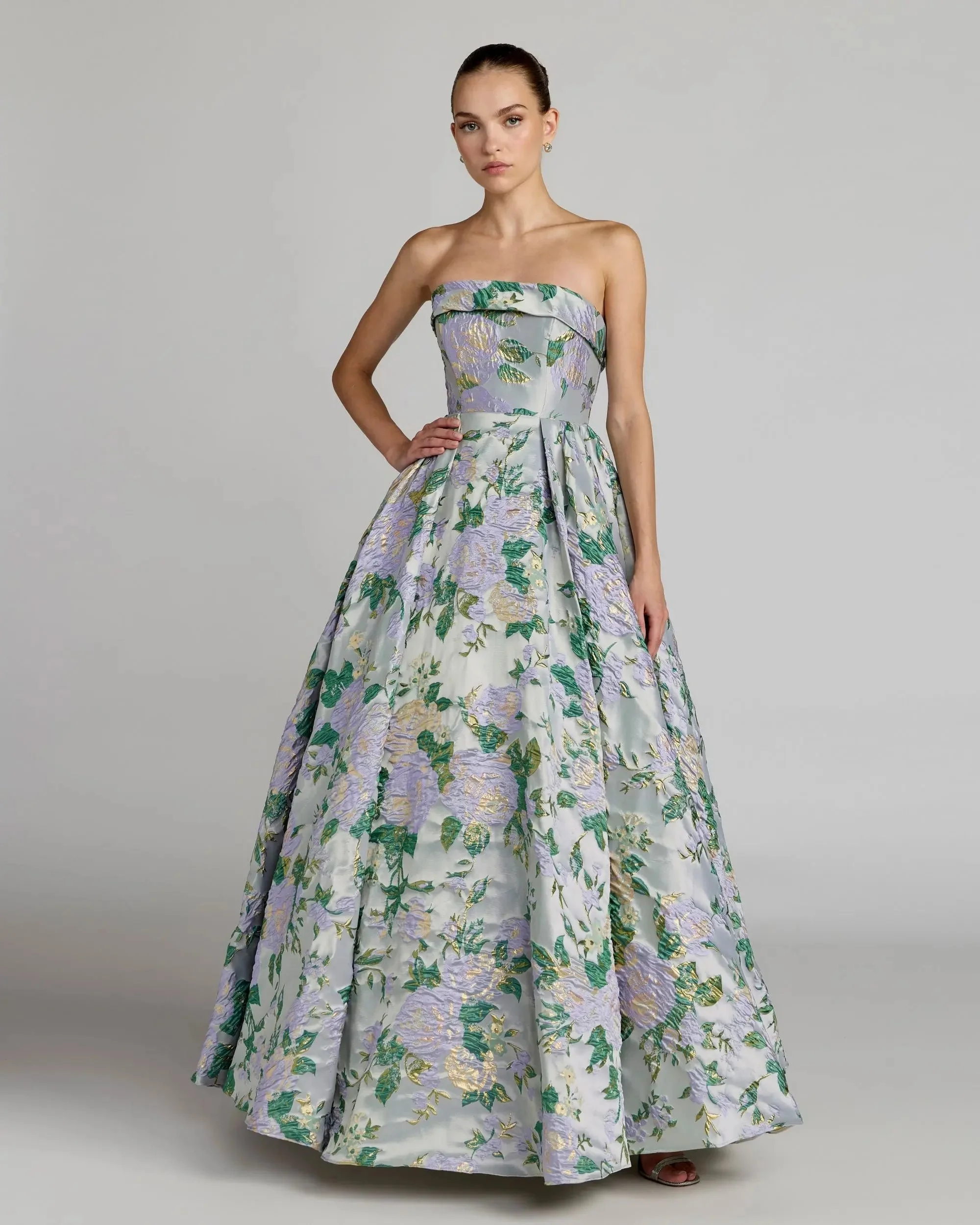 Lilac Multi Strapless Floral Brocade Ball Gown - 1