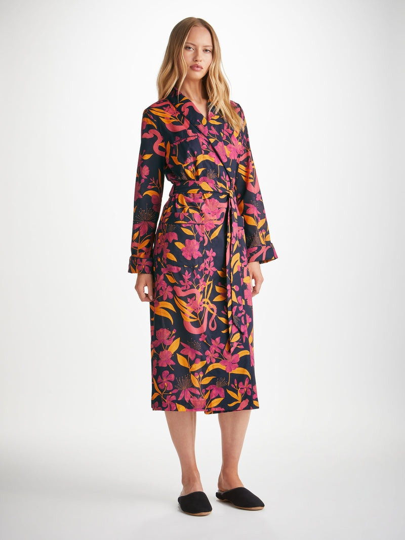 Derek Rose Women's Long Dressing Gown Ledbury 68 Cotton Batiste Navy outlook