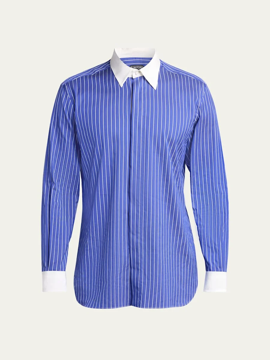 Men's Silk Pinstripe Contrast-Trim Dress Shirt - 1