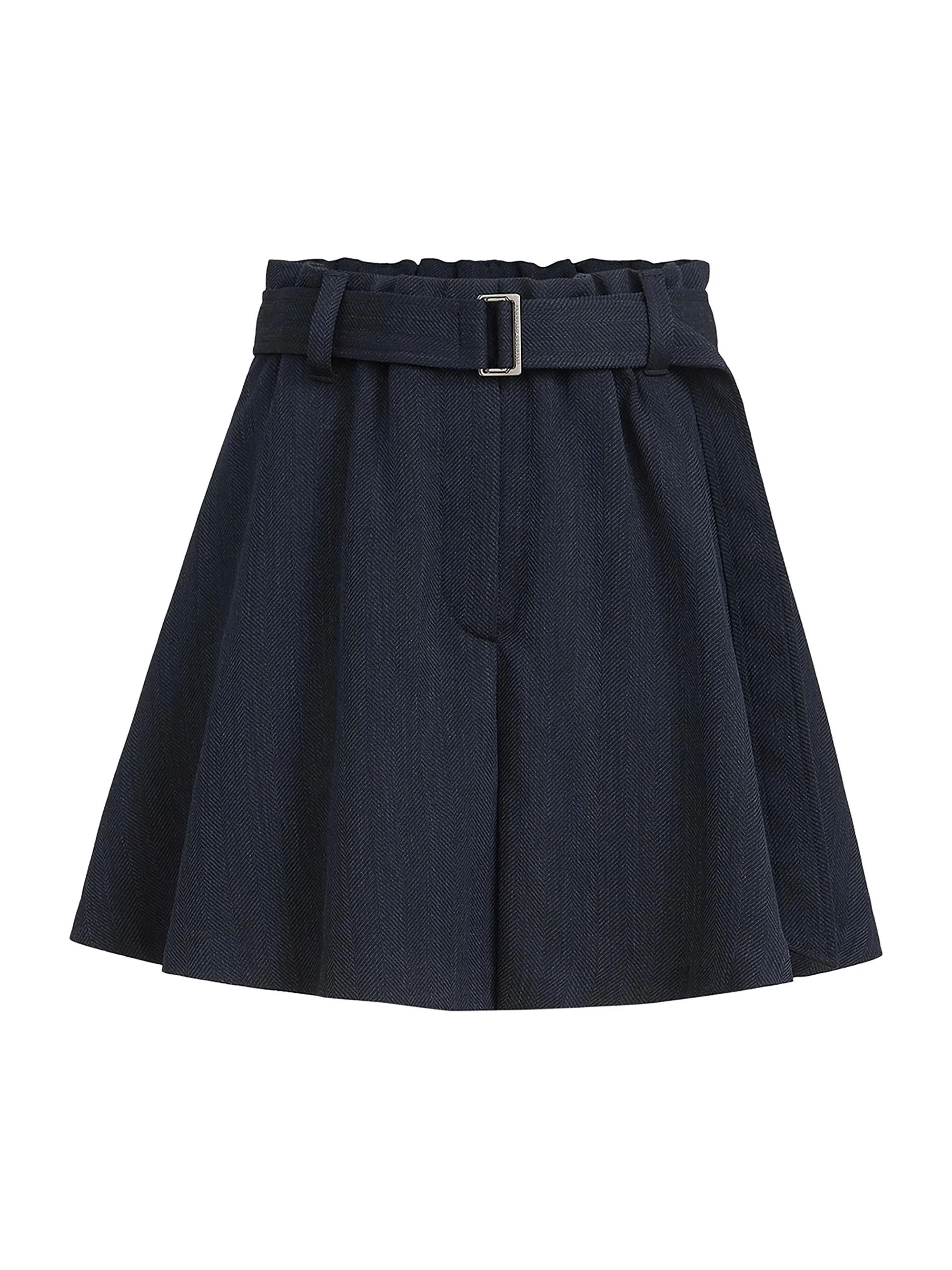 Women's Virgin Wool Crêpe Chevron Skirt Pants with Monili - Navy Blue - 1