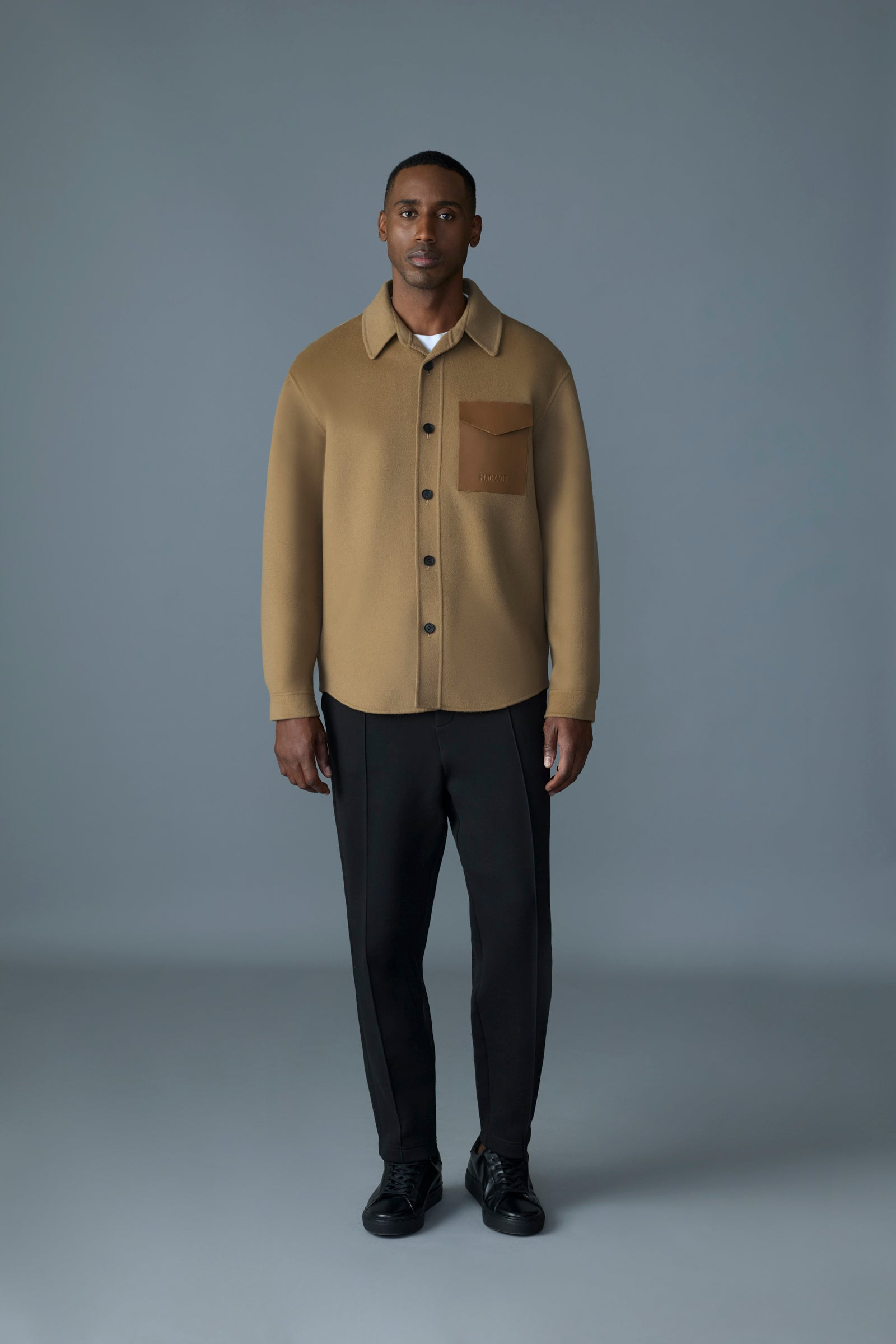 EMMANUEL Double-face wool overshirt with leather patch pocket - 3