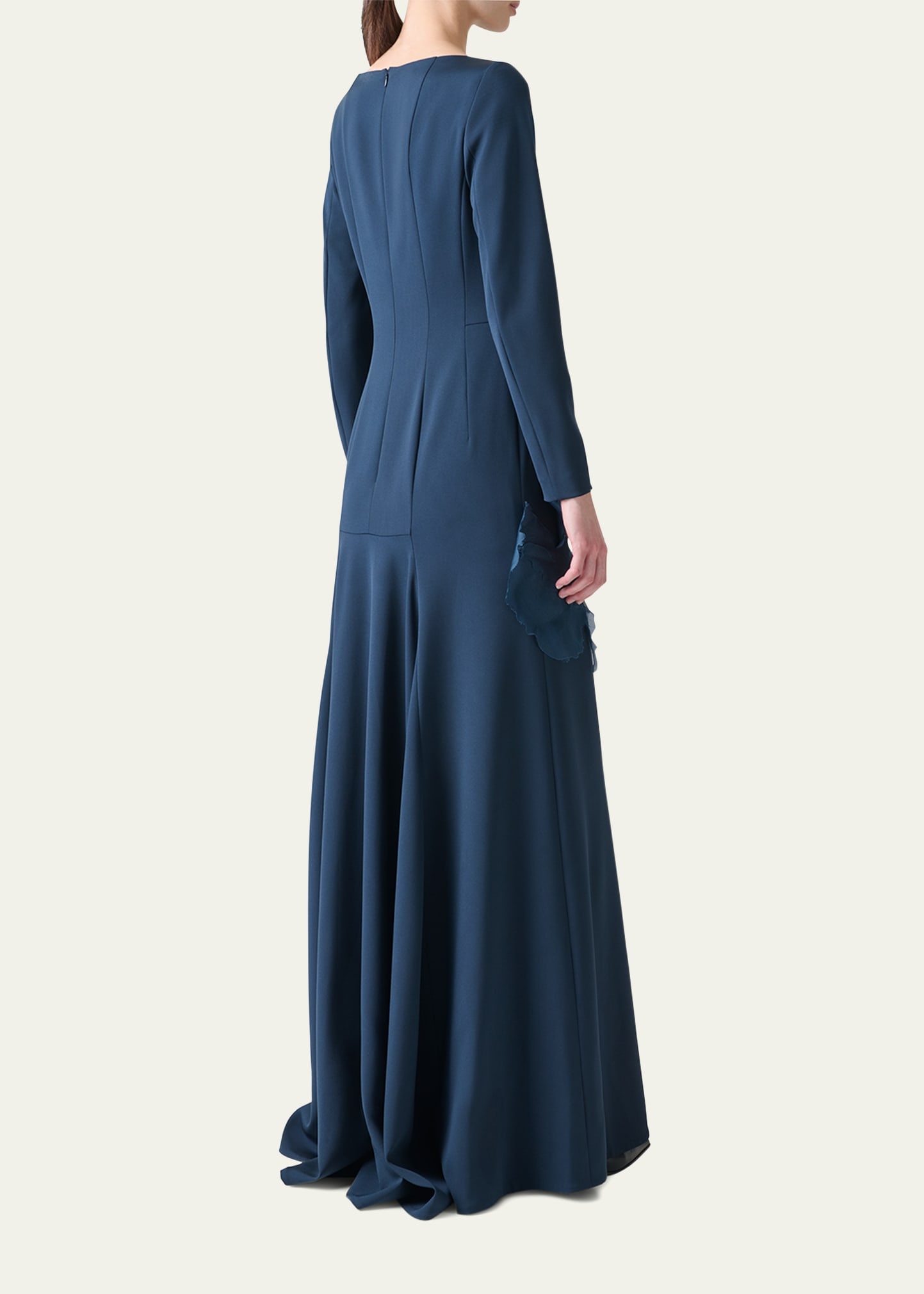 Organza Anemone Corsage Long-Sleeve Crepe Gown - 3