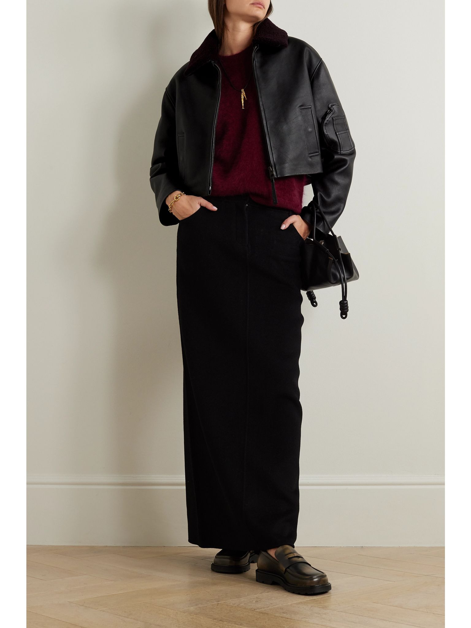 Cropped shearling-trimmed leather jacket Black - 2