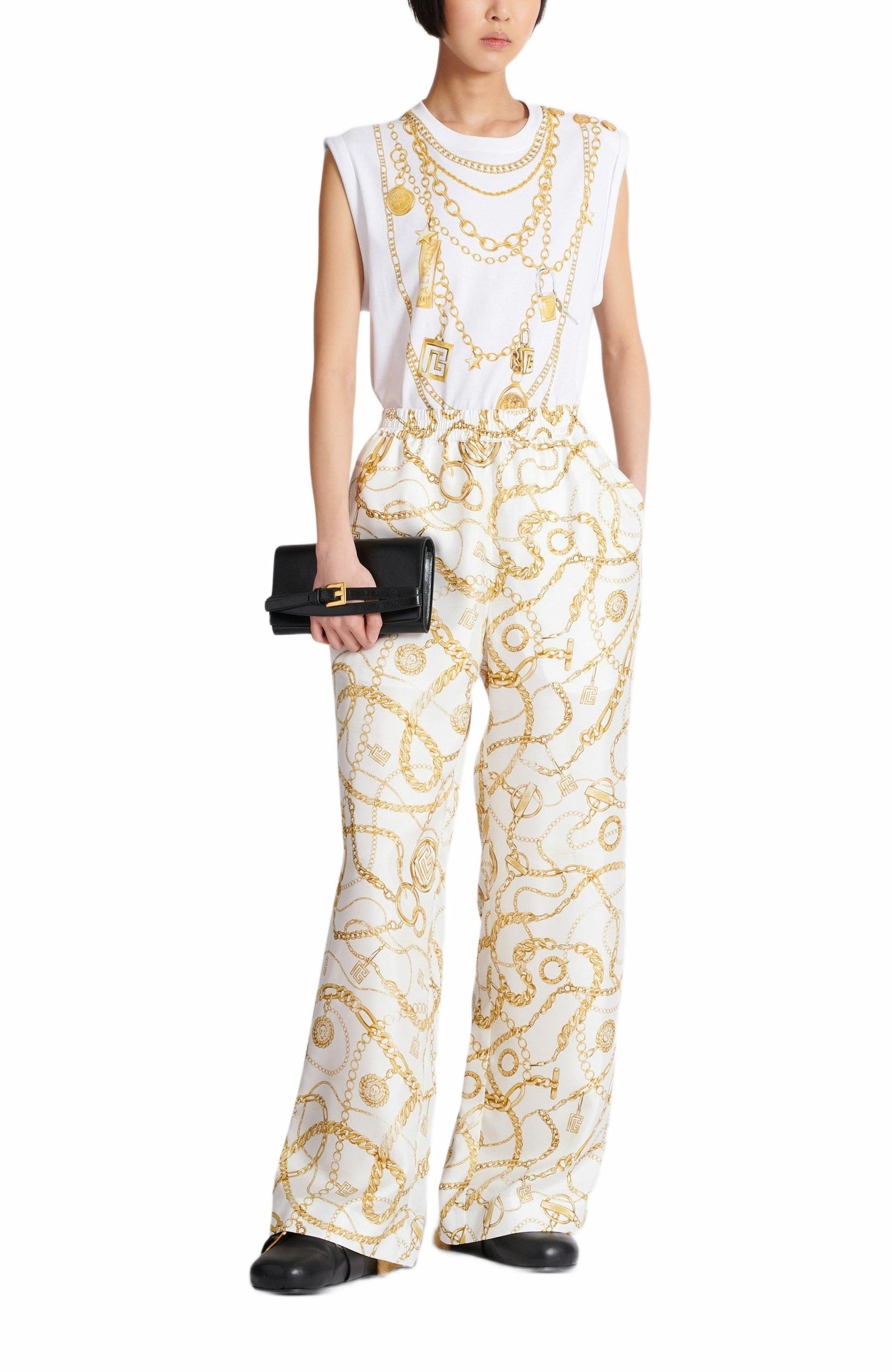 Flowing printed silk trousers with Balmain Chains pattern in Gold at Nordstrom - 2