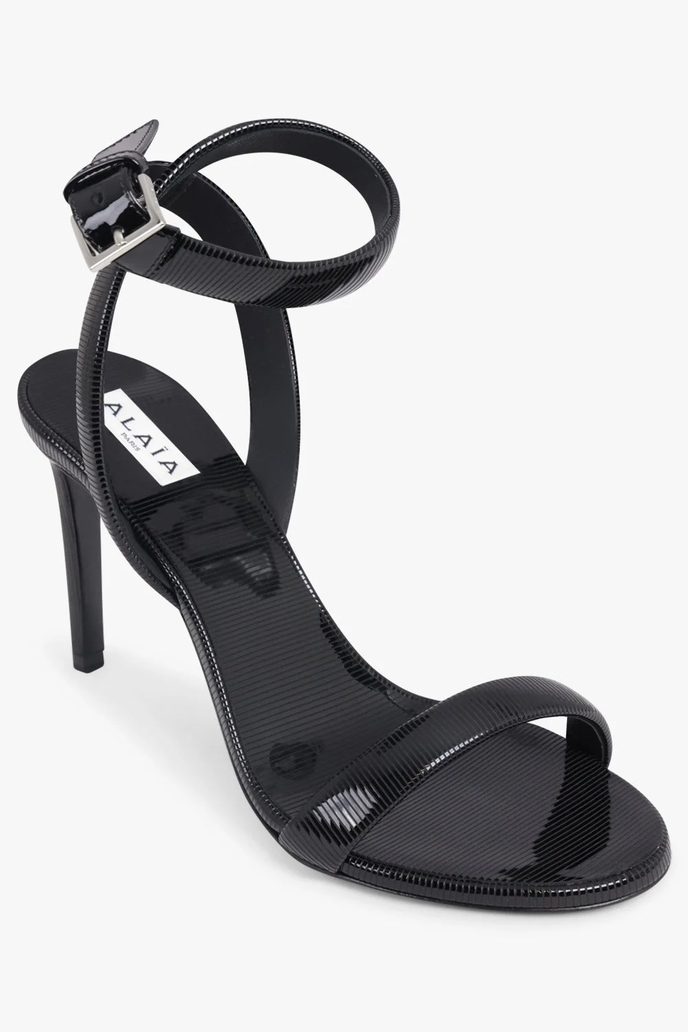ANKLE STRAP 90MM PATENT STILETTO SANDAL | BLACK - 1