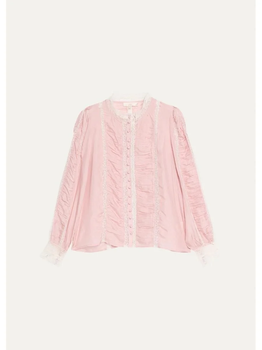 Jacque Lace-Trim Ruched Silk Top - 1
