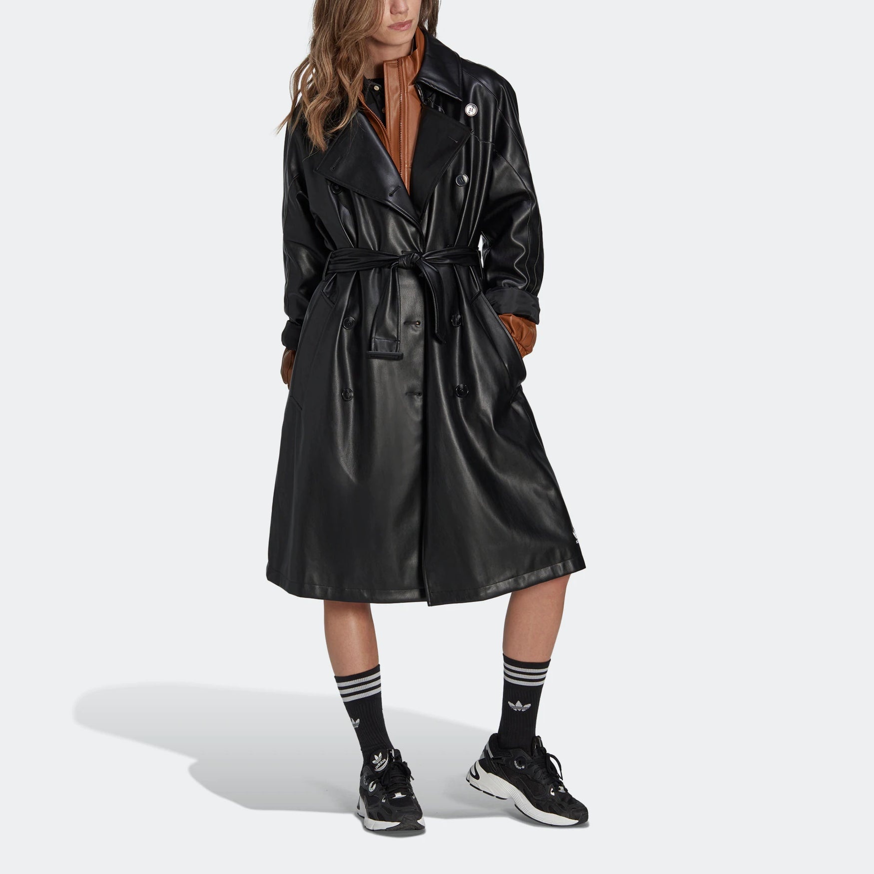 (WMNS) adidas Adicolor Trefoil Faux Leather Trench Coat 'Black' II6083 - 4