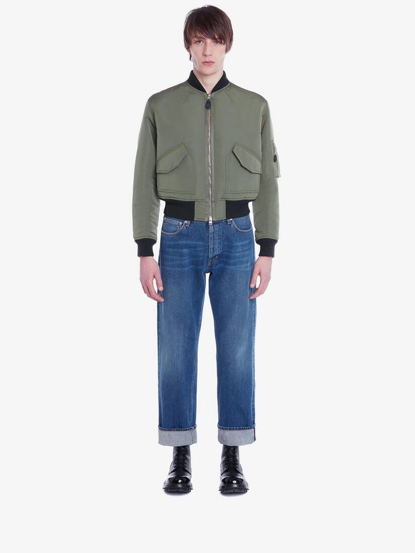 Mcqueen Graffiti Cropped Bomber Jacket in Military Green - 2