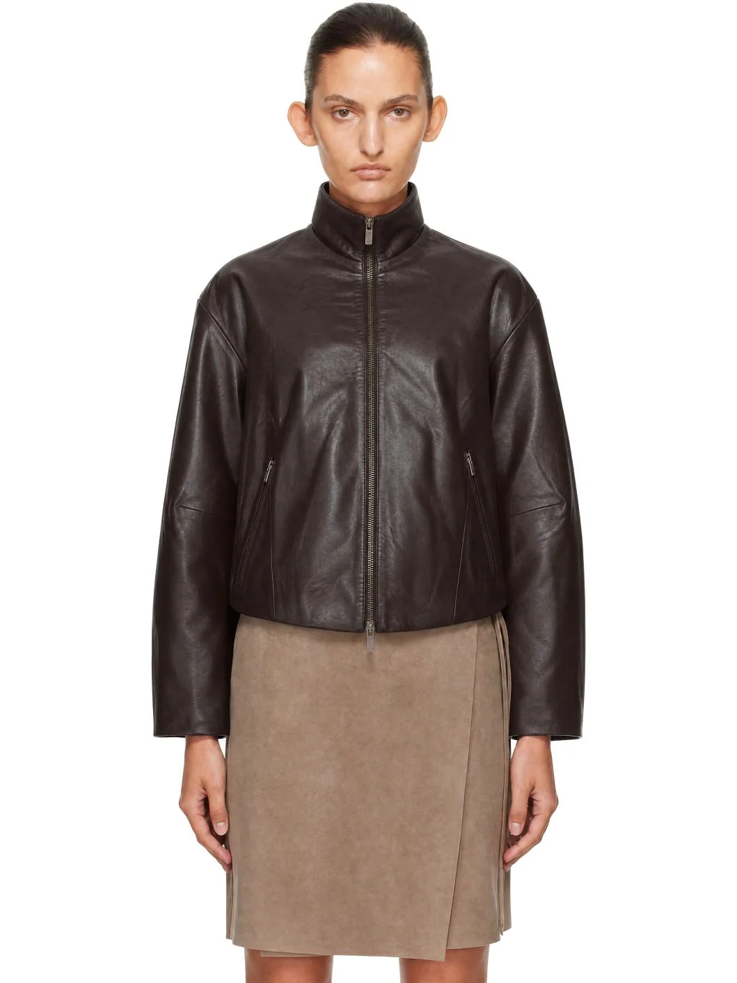Brown Cocoon Zip Leather Jacket - 1