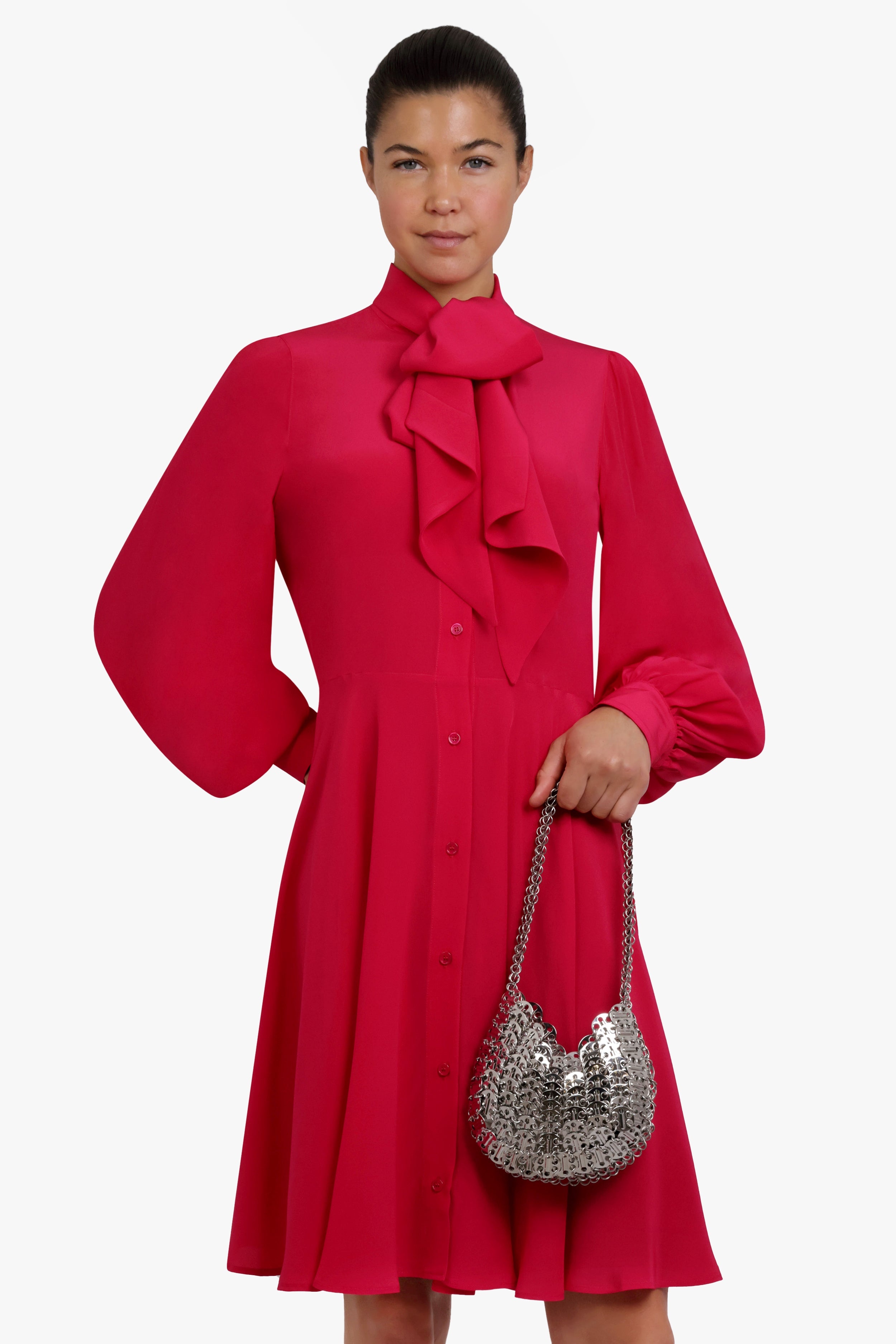 MIDI CREPE DE CHINE NECK TIE DRESS | FUSCHIA - 3