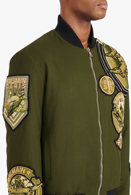 Khaki aviator teddy jacket with Balmain badges - 8