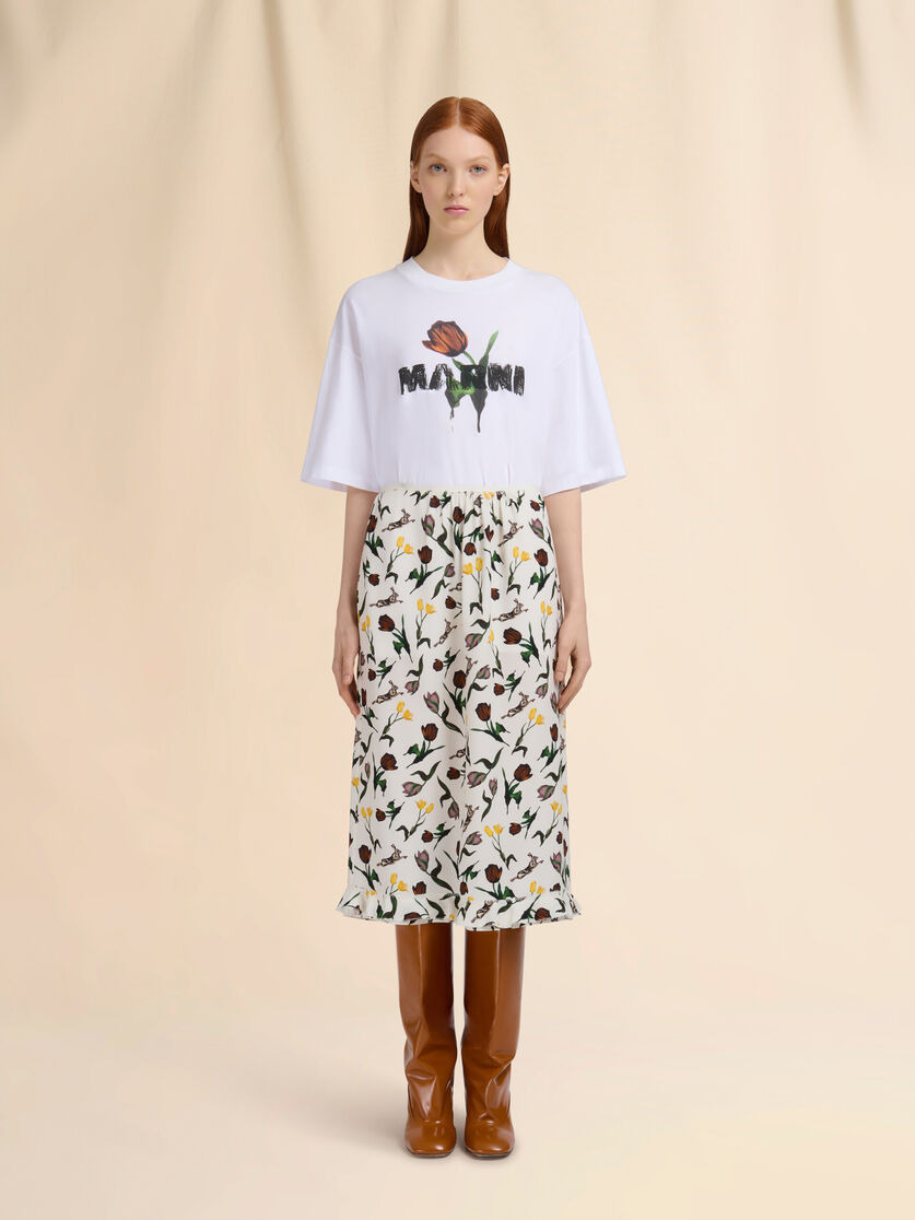 CREAM ENVERS SATIN MIDI SKIRT WITH TULIPS AND HARES PRINT - 2