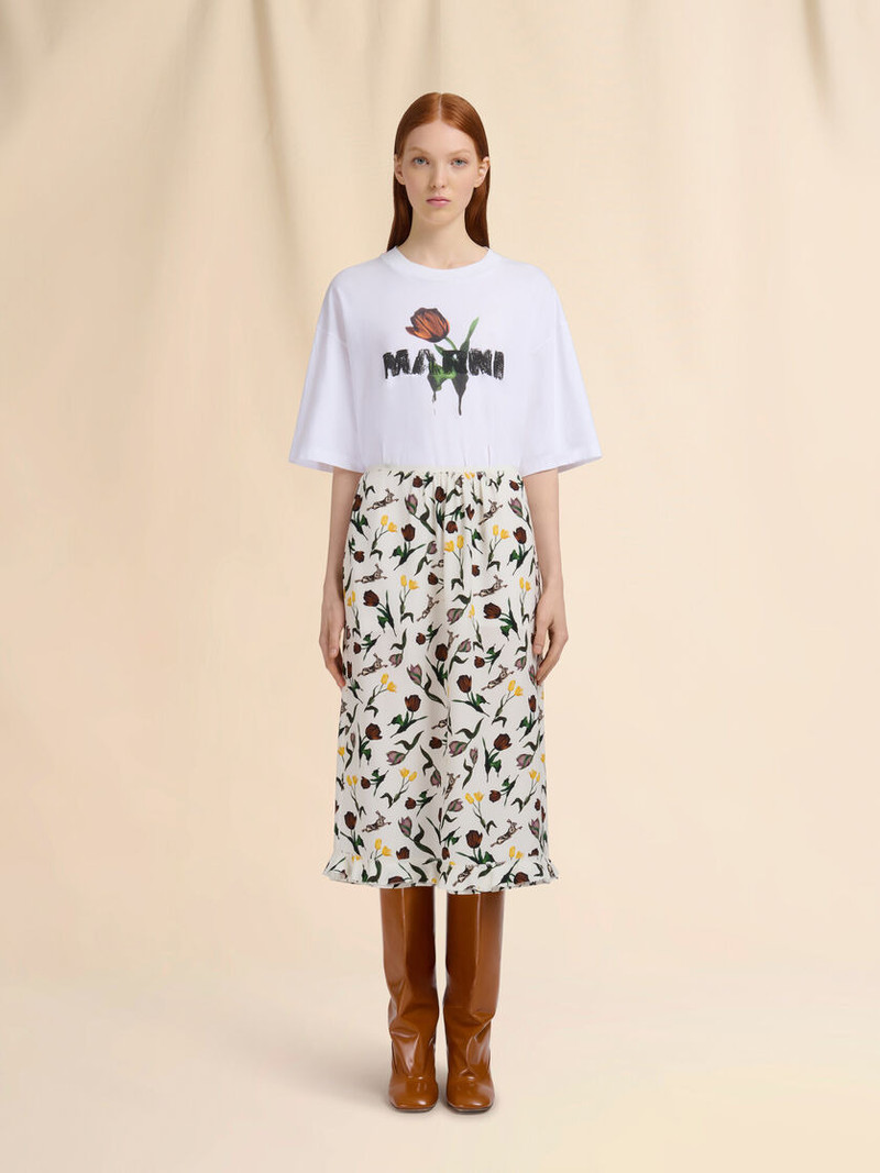 Marni CREAM ENVERS SATIN MIDI SKIRT WITH TULIPS AND HARES PRINT outlook