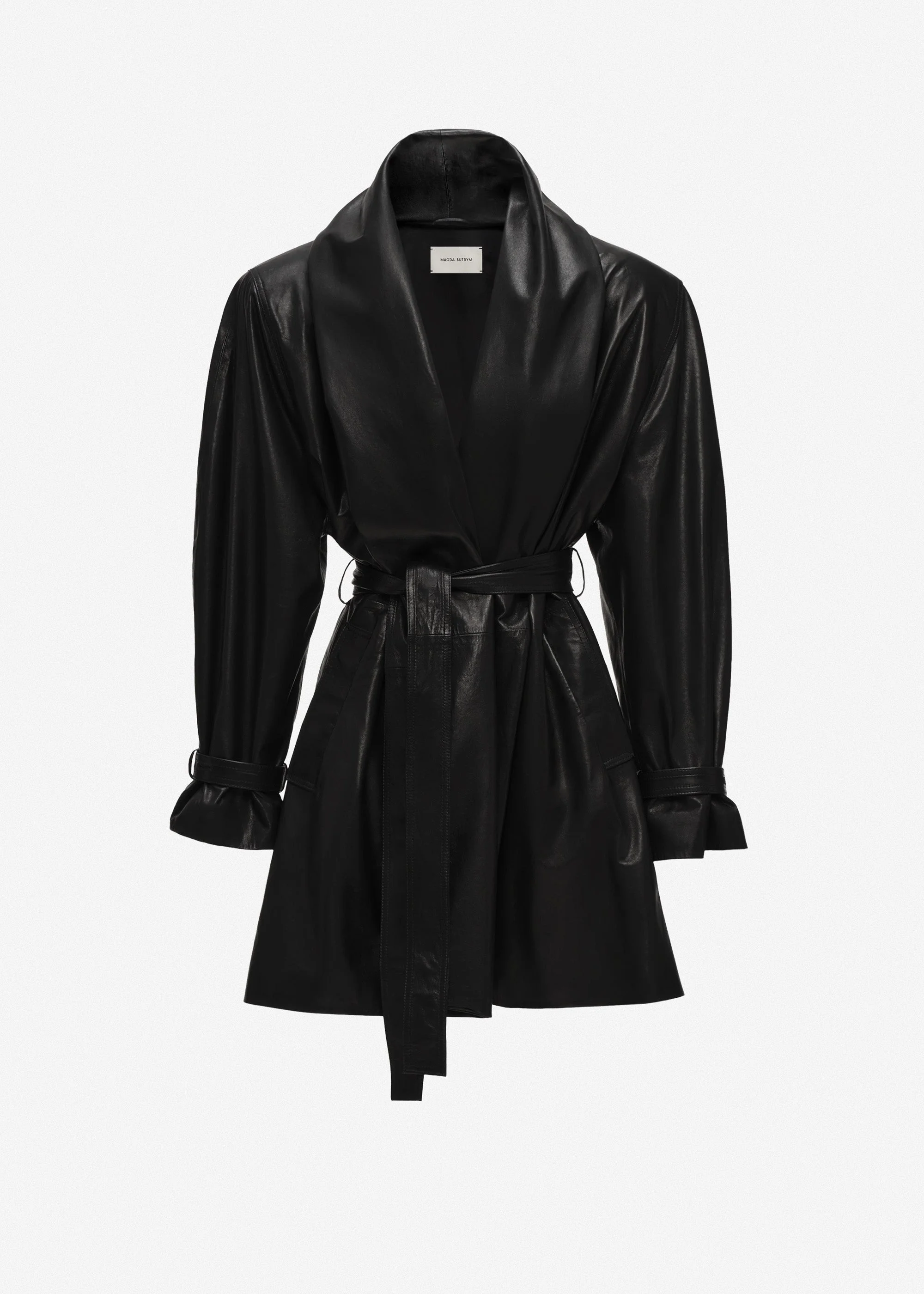 Belted leather jacket with draped collar in black - 1