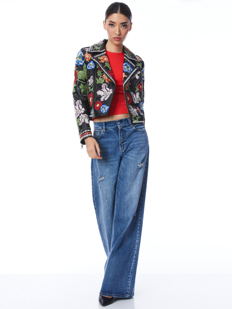 Alice + Olivia CODY EMBROIDERED LEATHER MOTO JACKET outlook